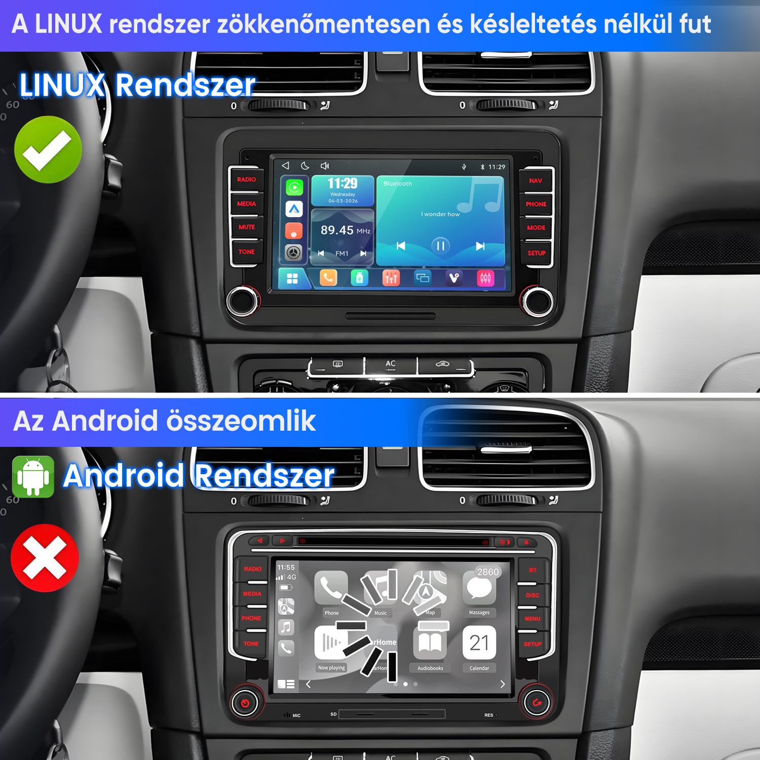 Autó műszerfal összehasonlítás: zöld pipás, simán futó Linux rendszer és piros ikszes, összeomló Android rendszer.