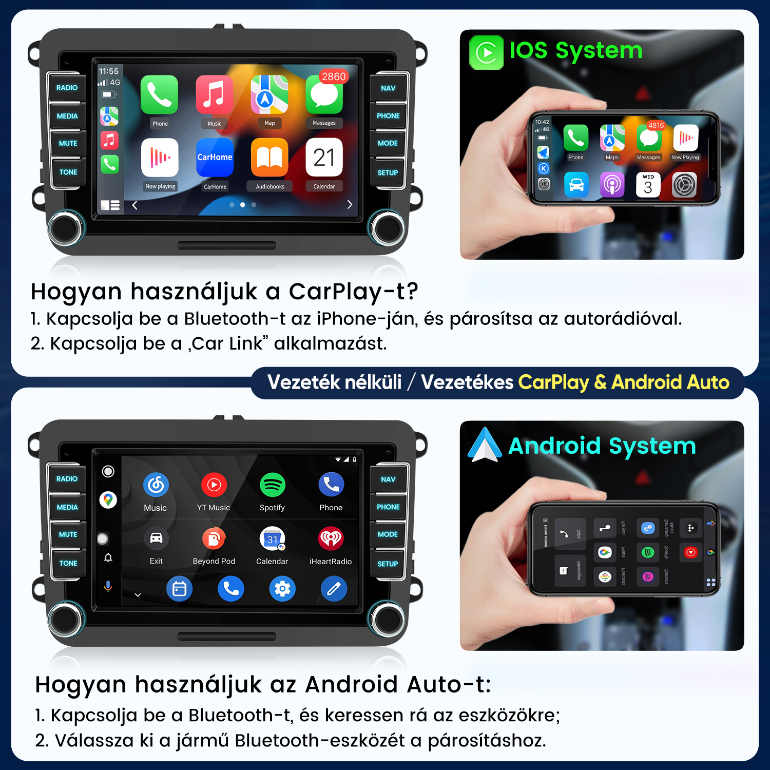 Útmutató a CarPlay és Android Auto használatához autórádió képernyőjén alkalmazásikonokkal és telefonokkal.