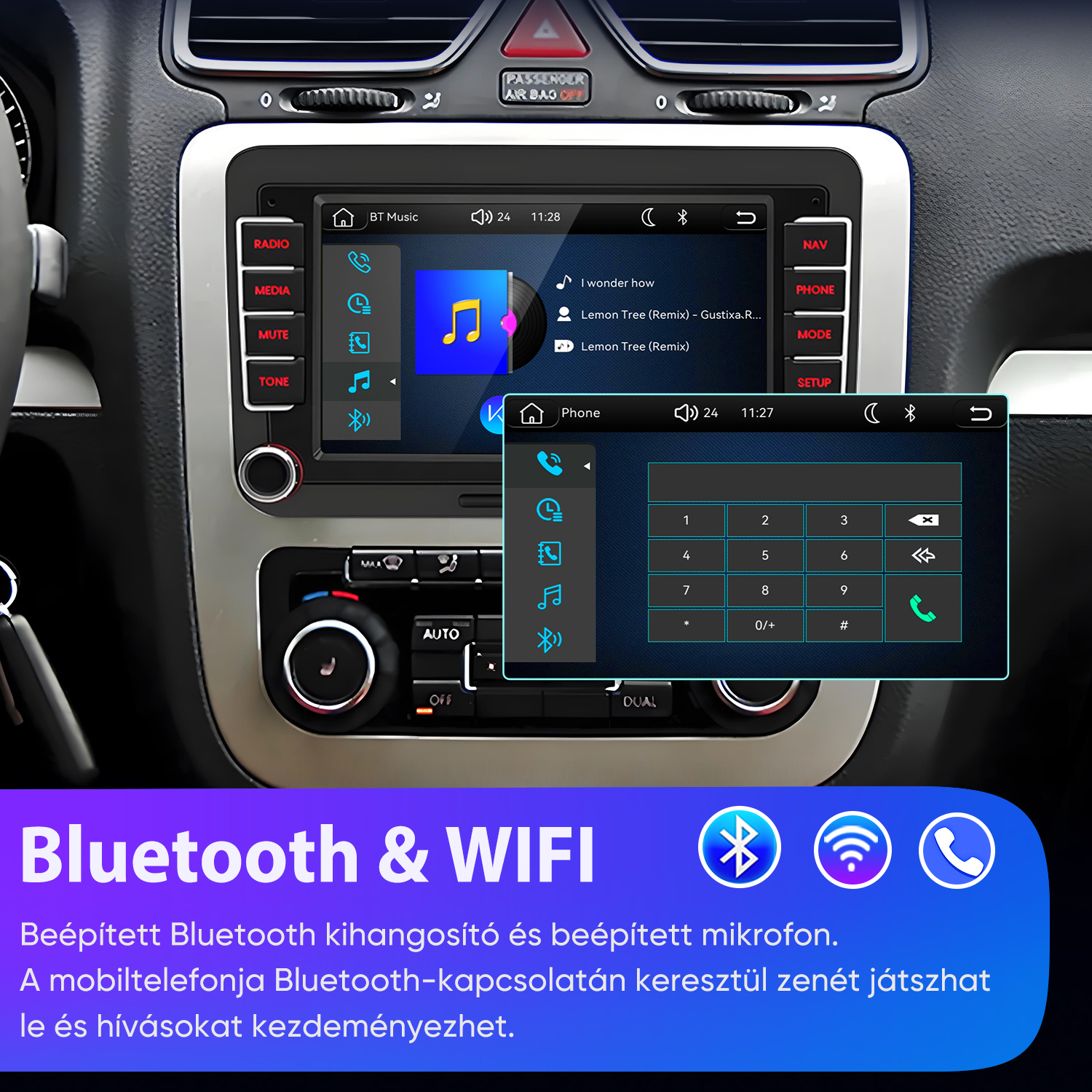 Autós hifi rendszer a műszerfalon, Bluetooth zene és telefon funkciók kijelzésével.