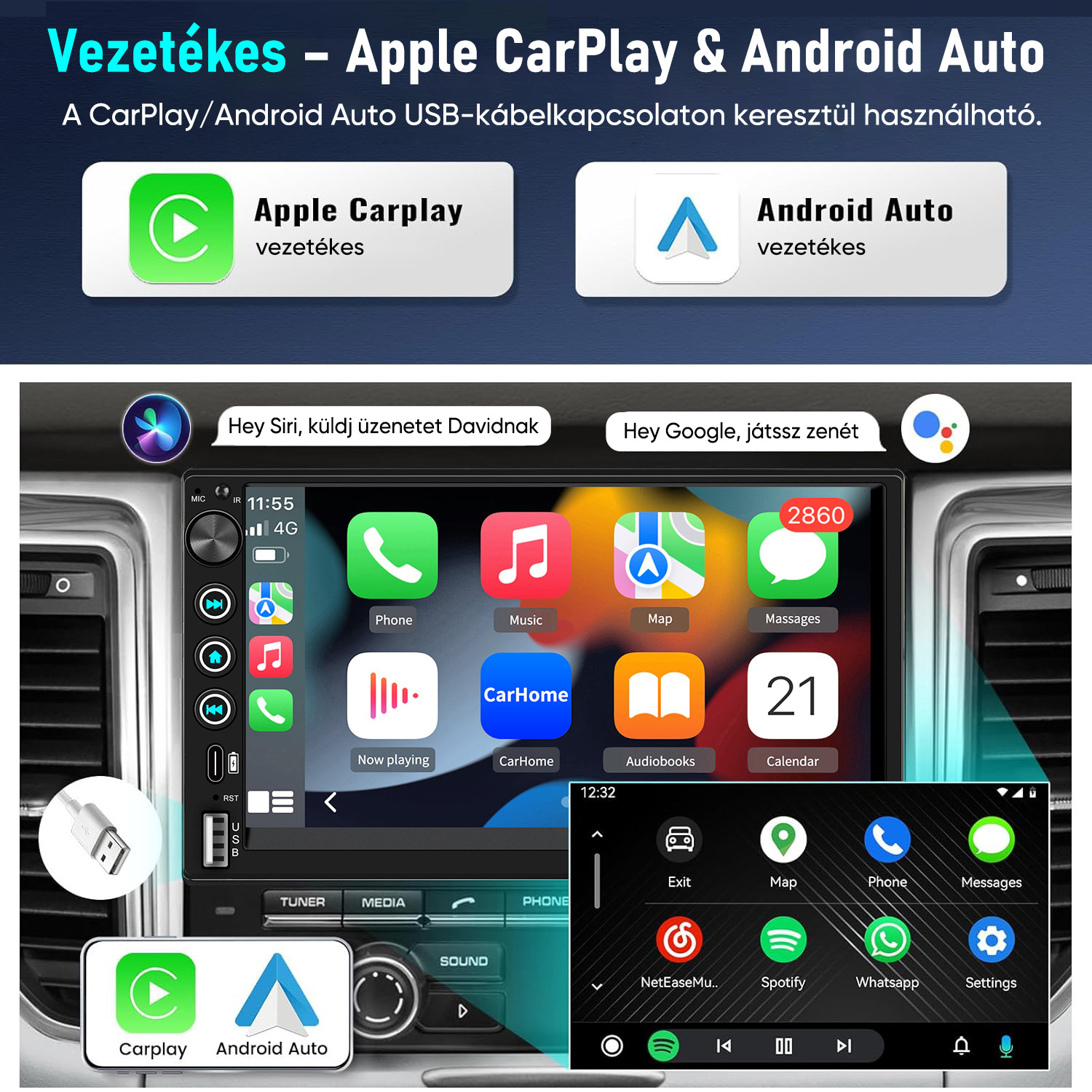 Vezetékes Apple CarPlay és Android Auto kompatibilis kijelző.