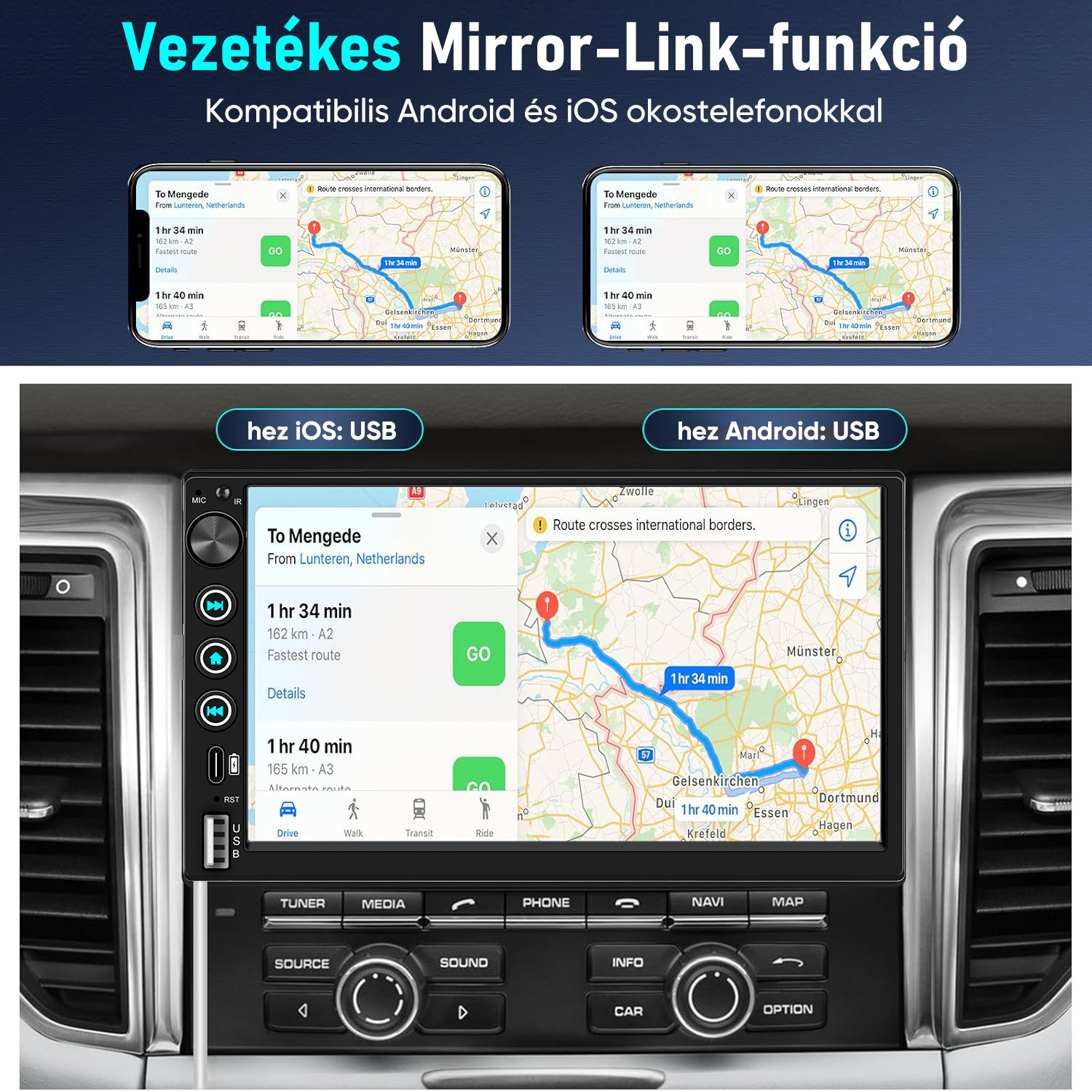 Vezetékes Mirror-Link funkció iOS-hez és Androidhoz navigációval az autó kijelzőjén.