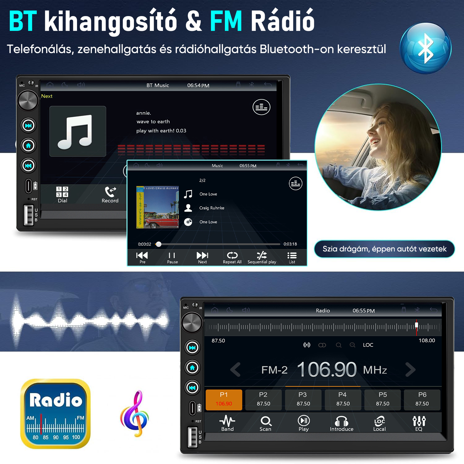 Autós multimédiás rendszer Bluetooth-szal, FM-rádióval és érint őképernyővel.