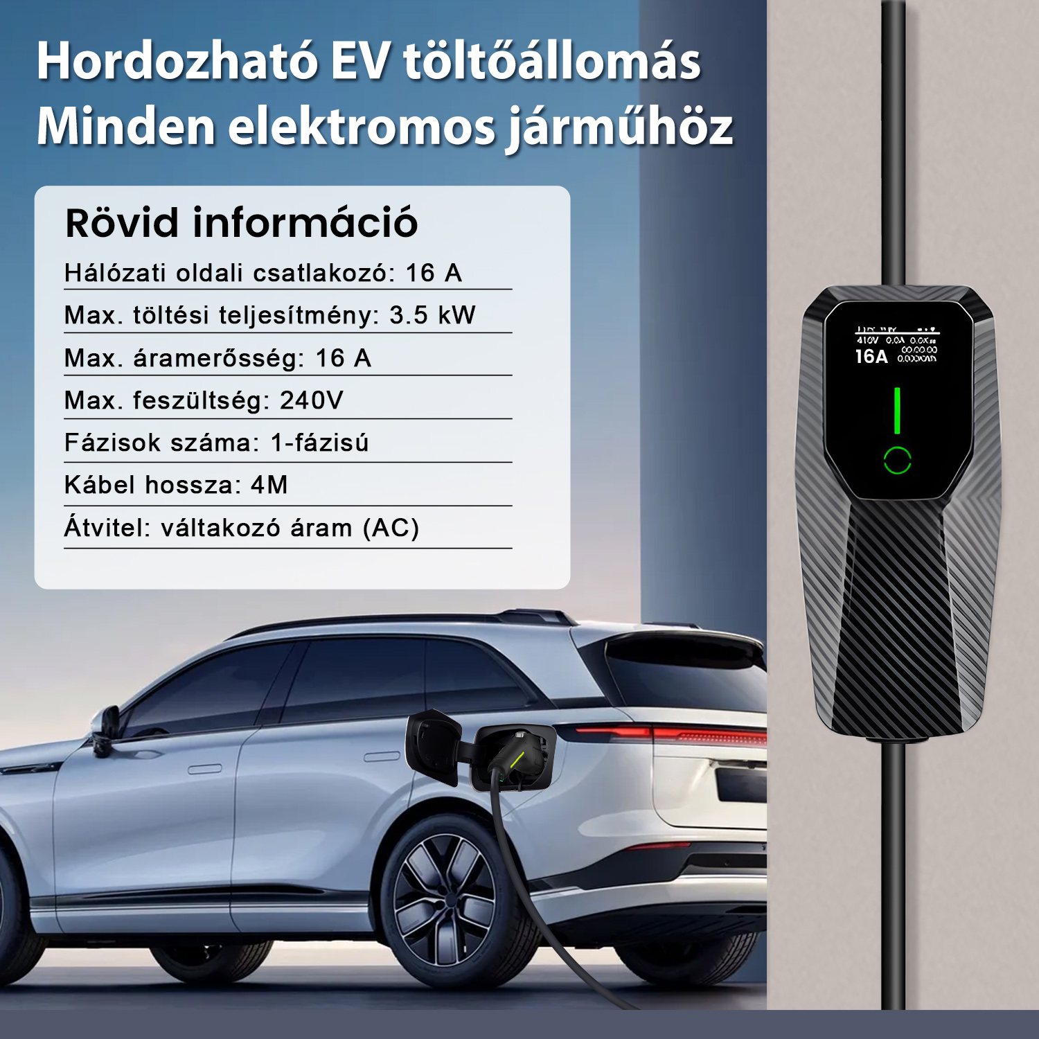 Hordozható EV töltő csatlakoztatva egy ezüst elektromos autóhoz, bal oldalon specifikációs szöveggel.