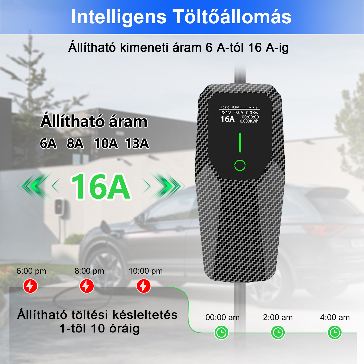 Intelligens elektromos autó töltő 6A-16A áramerősséggel és időzítővel.