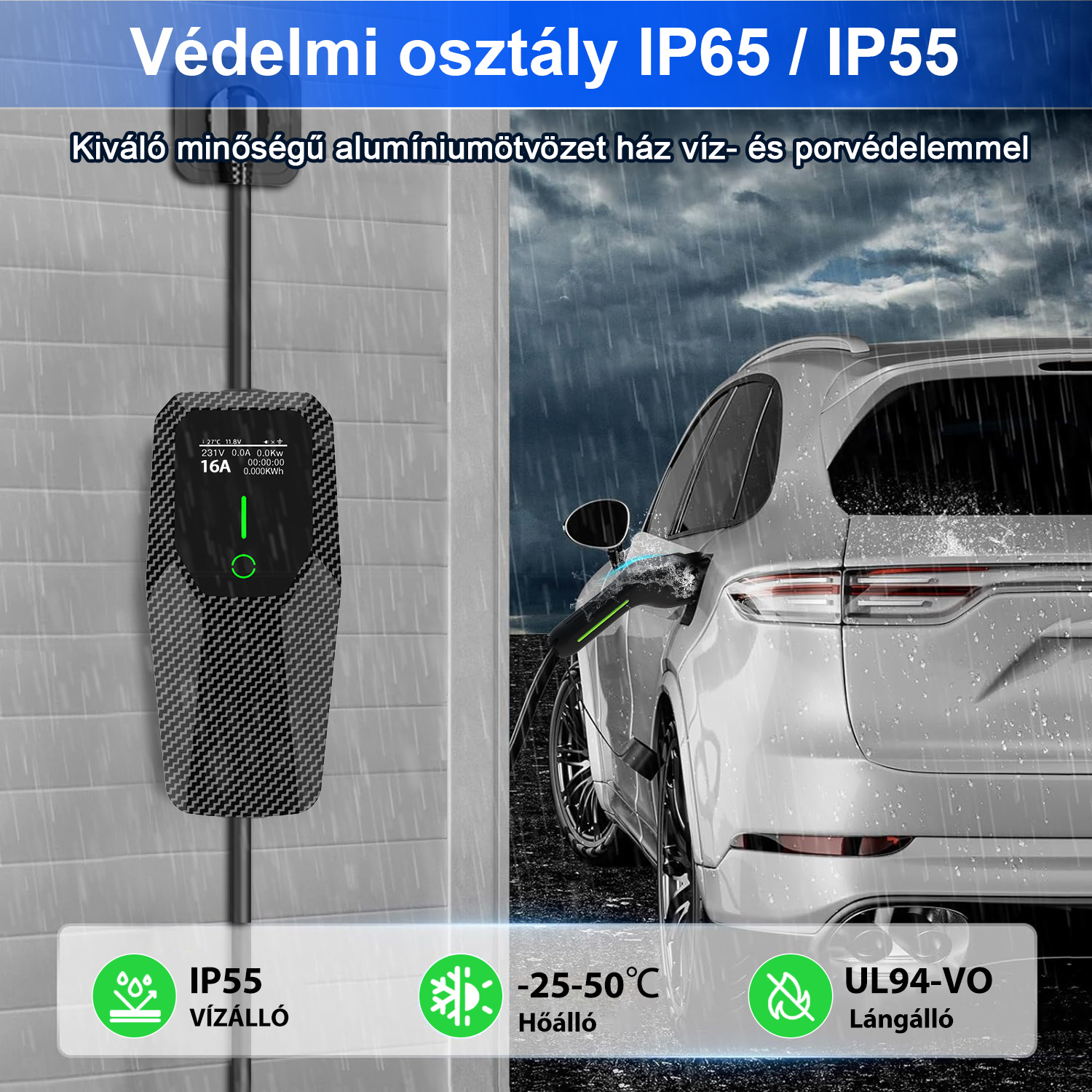 Vízálló elektromos autó töltő szürke falon, esőben töltve egy ezüst autót.