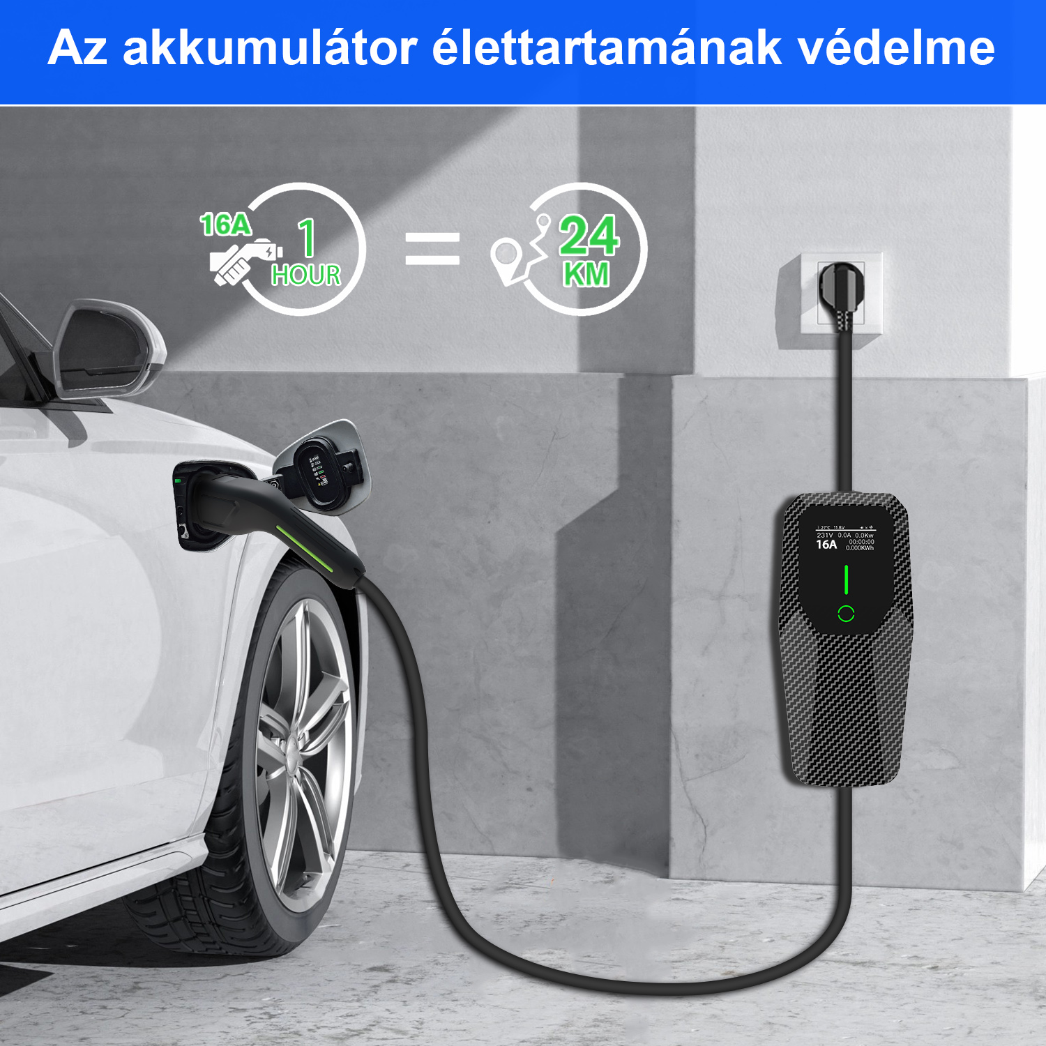 Egy fehér elektromos autó töltődik, 1 óra 16A töltés 24 km-nek felel meg.