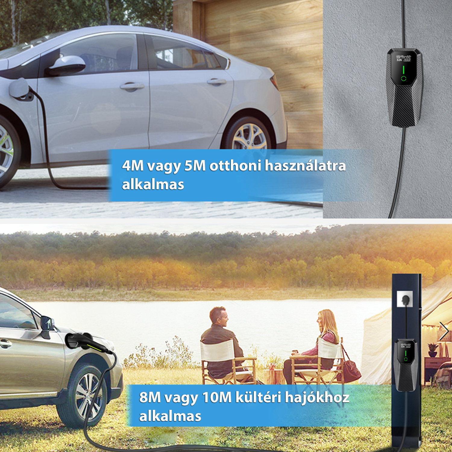 Elektromos autó töltése fali töltőről és külső töltőoszlopról.