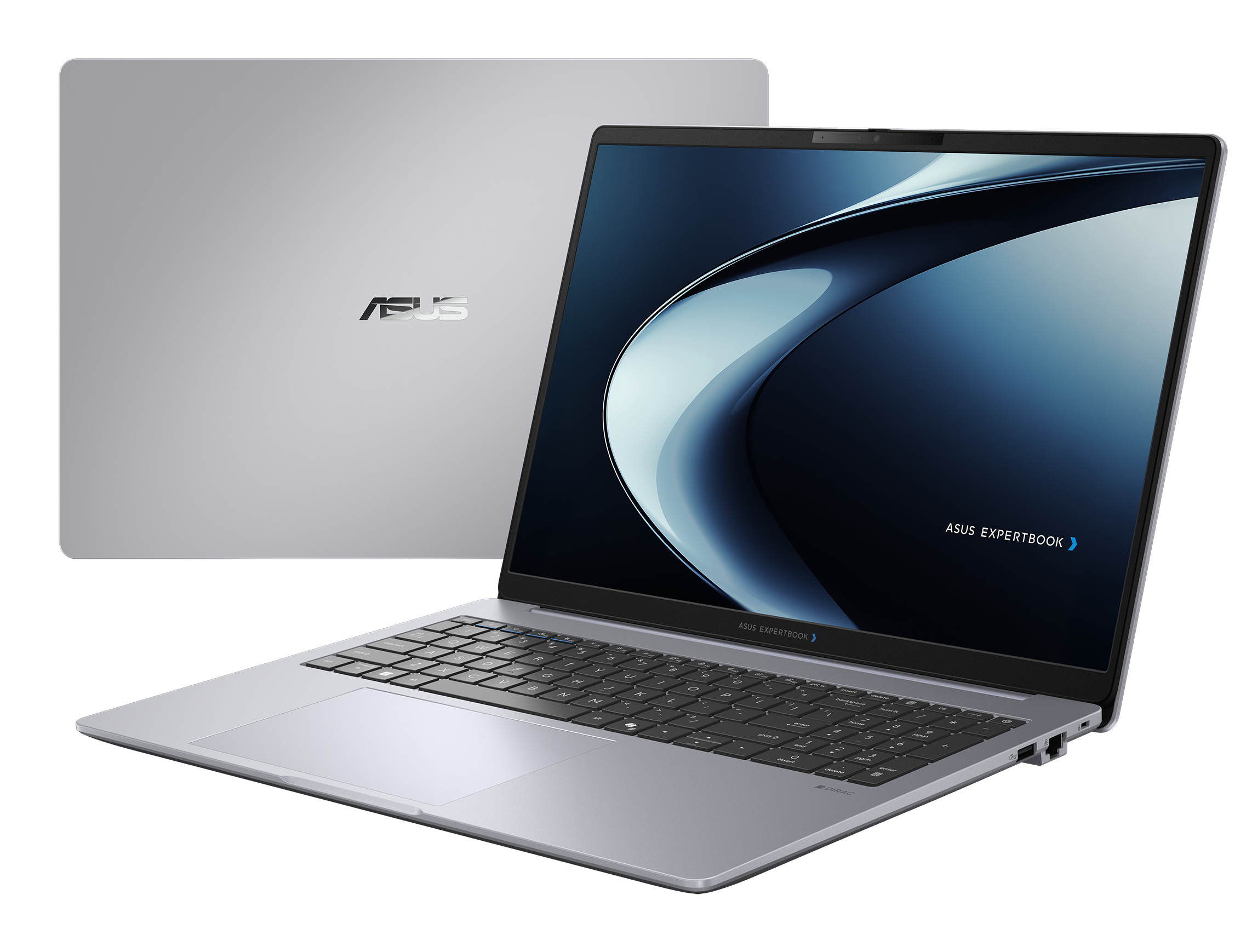Laptop ASUS ExpertBook argento mostrato aperto e chiuso sullo sfondo.
