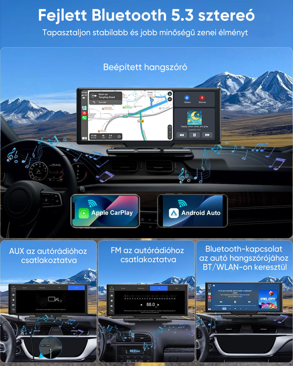 Autós hifi rendszer a műszerfalon navigációval, Apple CarPlay-jel és Android Auto-val.