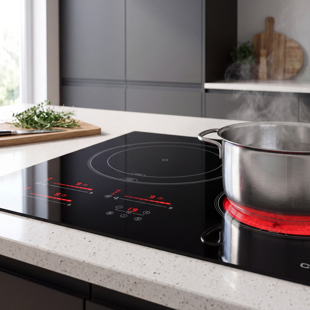 Una olla humeante se encuentra en una encimera de inducción brillante en una cocina moderna.