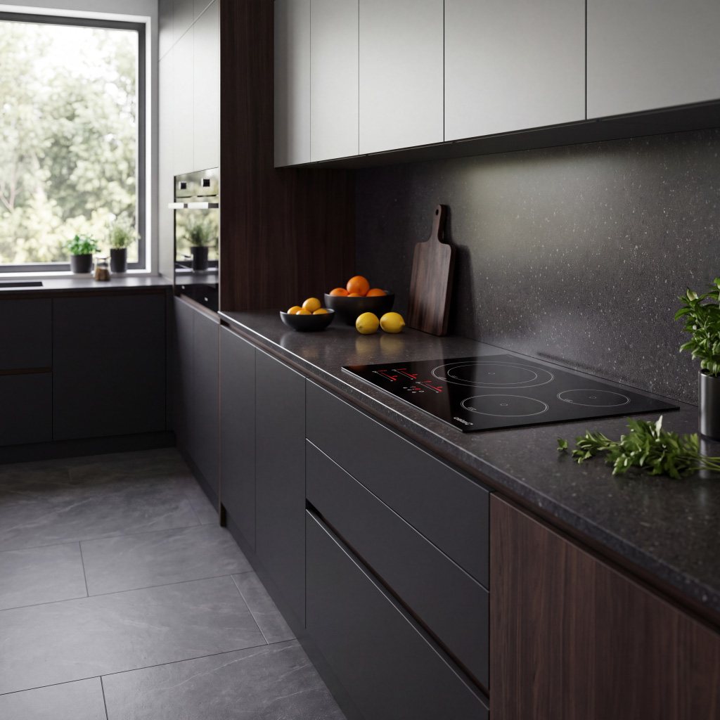 Una cocina moderna y oscura con encimeras grises, una placa empotrada, fruteros y armarios superiores blancos.