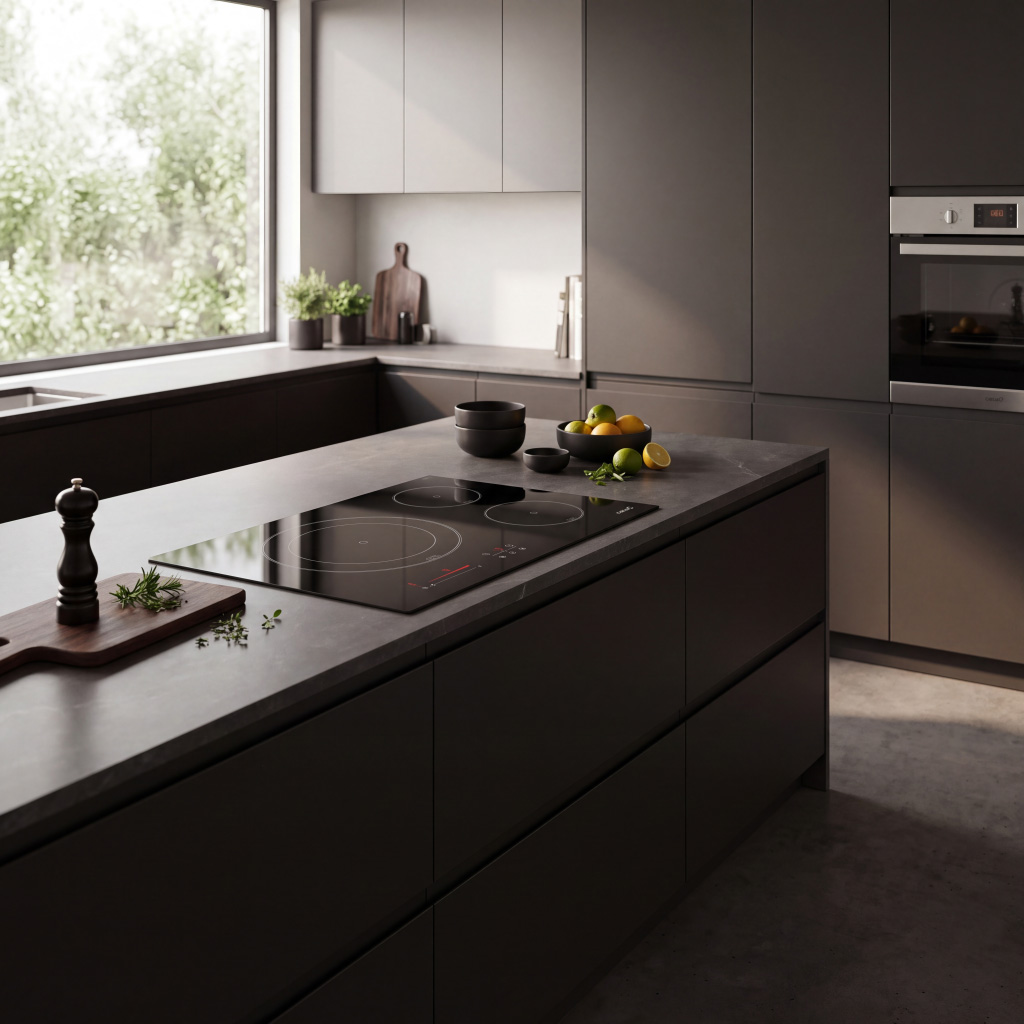 Moderna cocina gris con una gran isla, placa de inducción, frutero y horno empotrado.