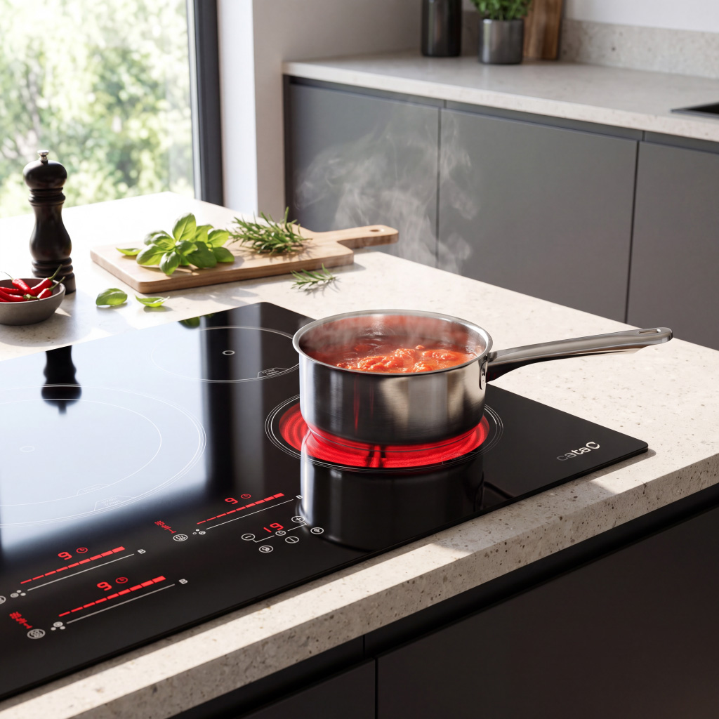 Una olla humeante de salsa roja se encuentra en una moderna placa de inducción negra en una cocina luminosa.