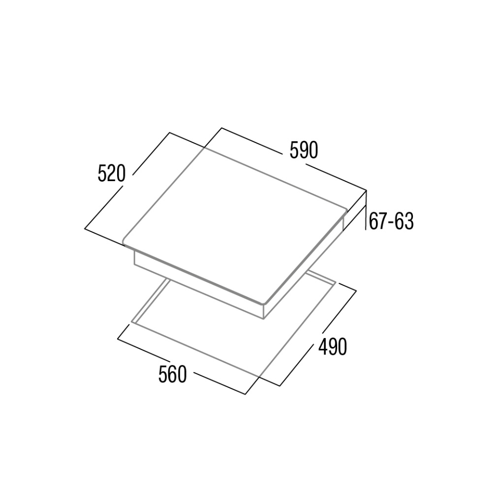 Dibujo técnico de una encimera con dimensiones 590, 520, 490, 560 y 67-63.