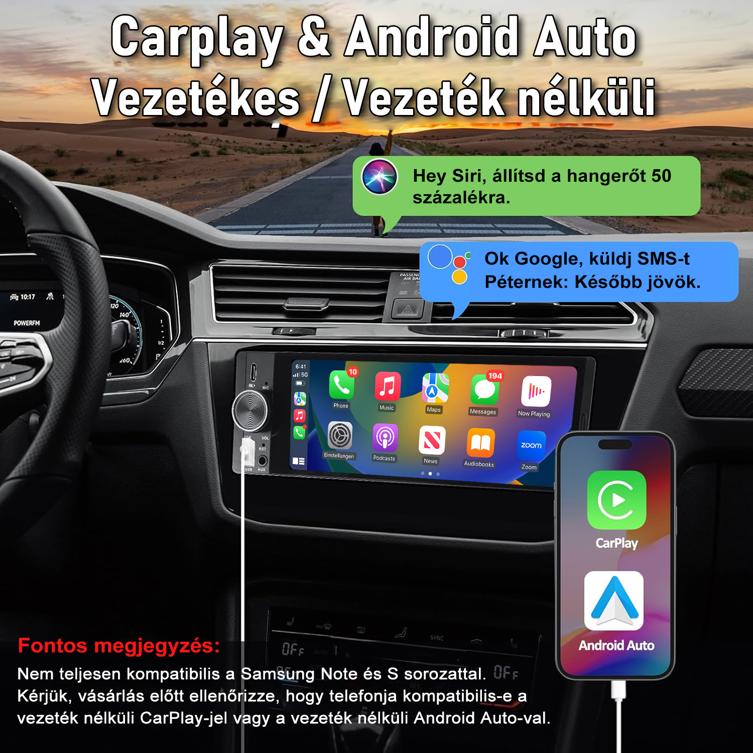 Autós multimédia kijelző CarPlay és hangutasítás felületekkel.