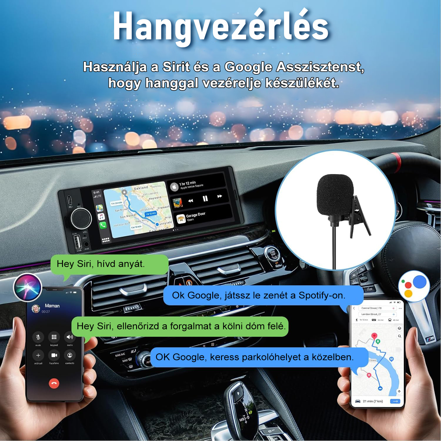 Autó belső navigációs képernyővel, mikrofonnal, okostelefonokkal és hangvezérléssel.