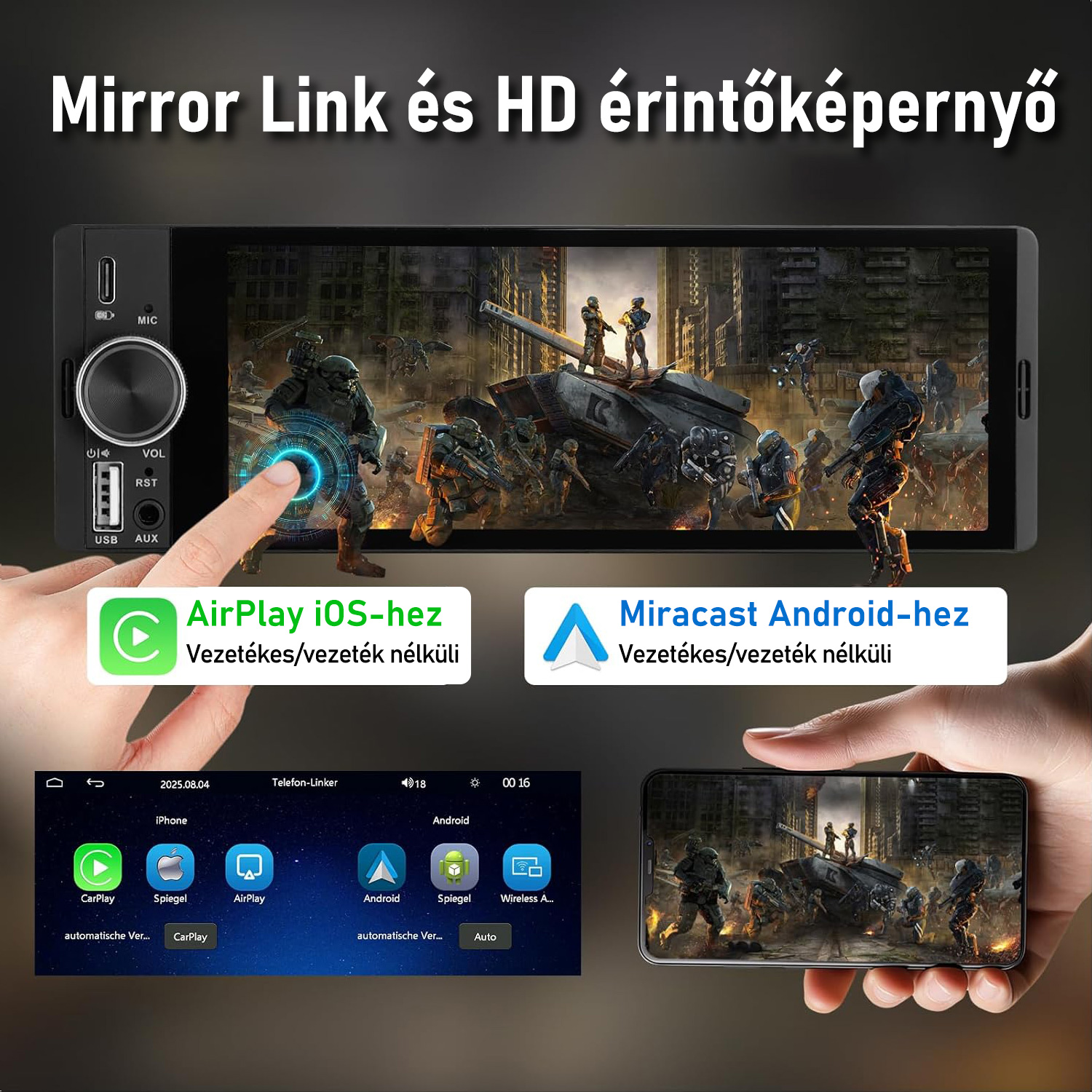 Autós kijelző tükröz egy mobiljátékot, kezek által irányítva, okostelefonhoz csatlakoztatva.