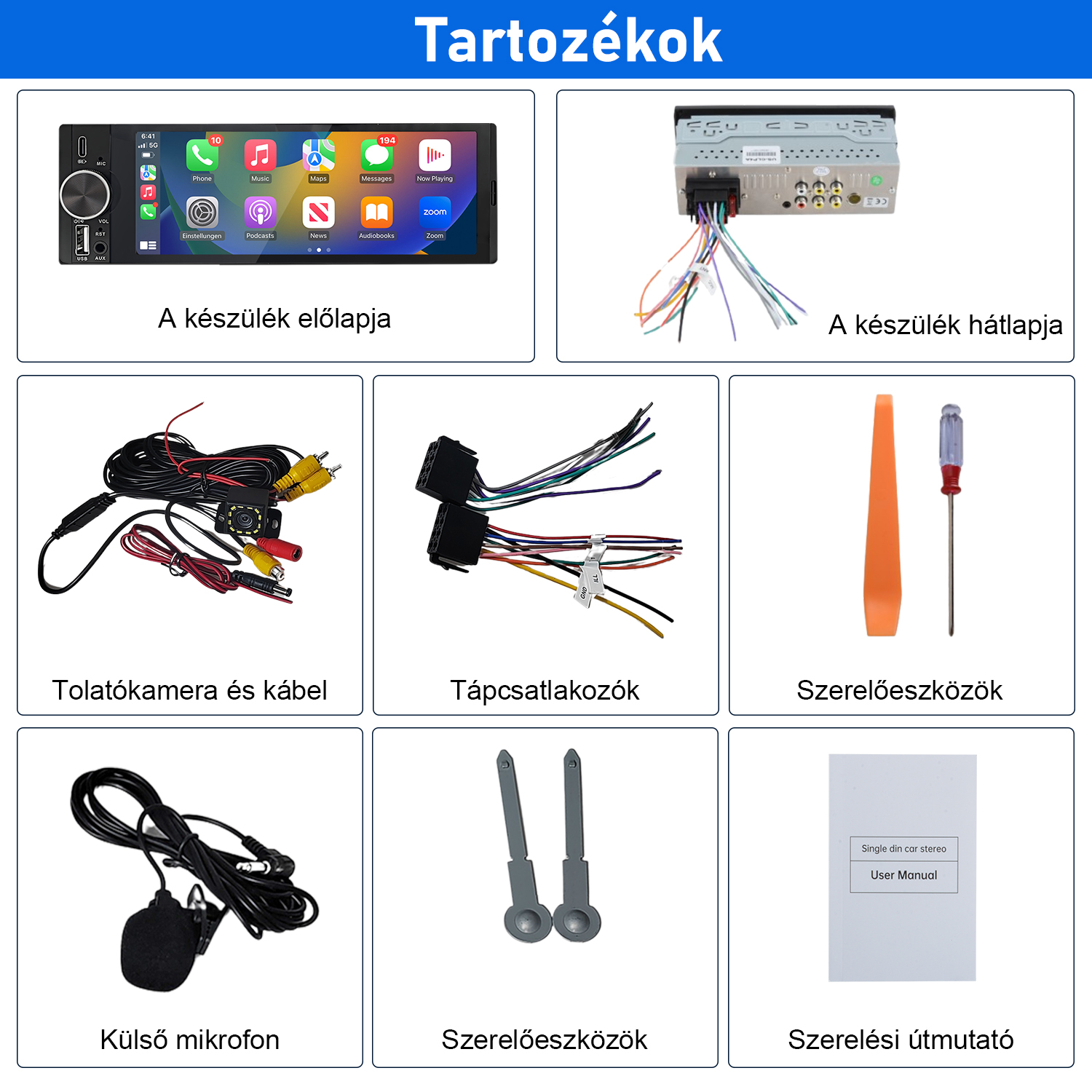 Autós hifi rendszer tartozékokkal, mint kamera, kábelek, mikrofon és szerszámok.
