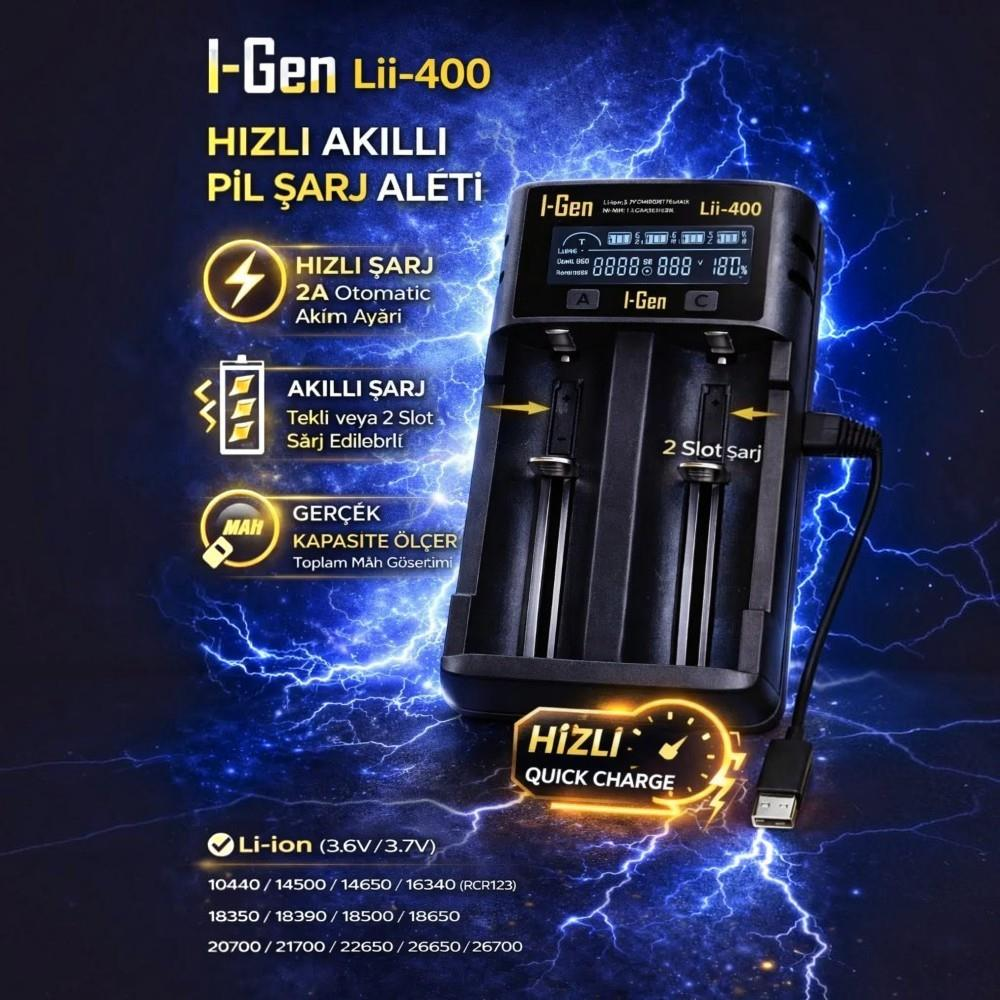 Mavi elektrik arka planında LCD ekranlı Lii-400 akıllı pil şarj cihazı.