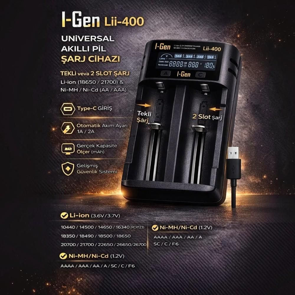 Karanlık parlak arka planda ekranlı ve USB-C kablolu siyah I-Gen Lii-400 üniversal pil şarj cihazı.