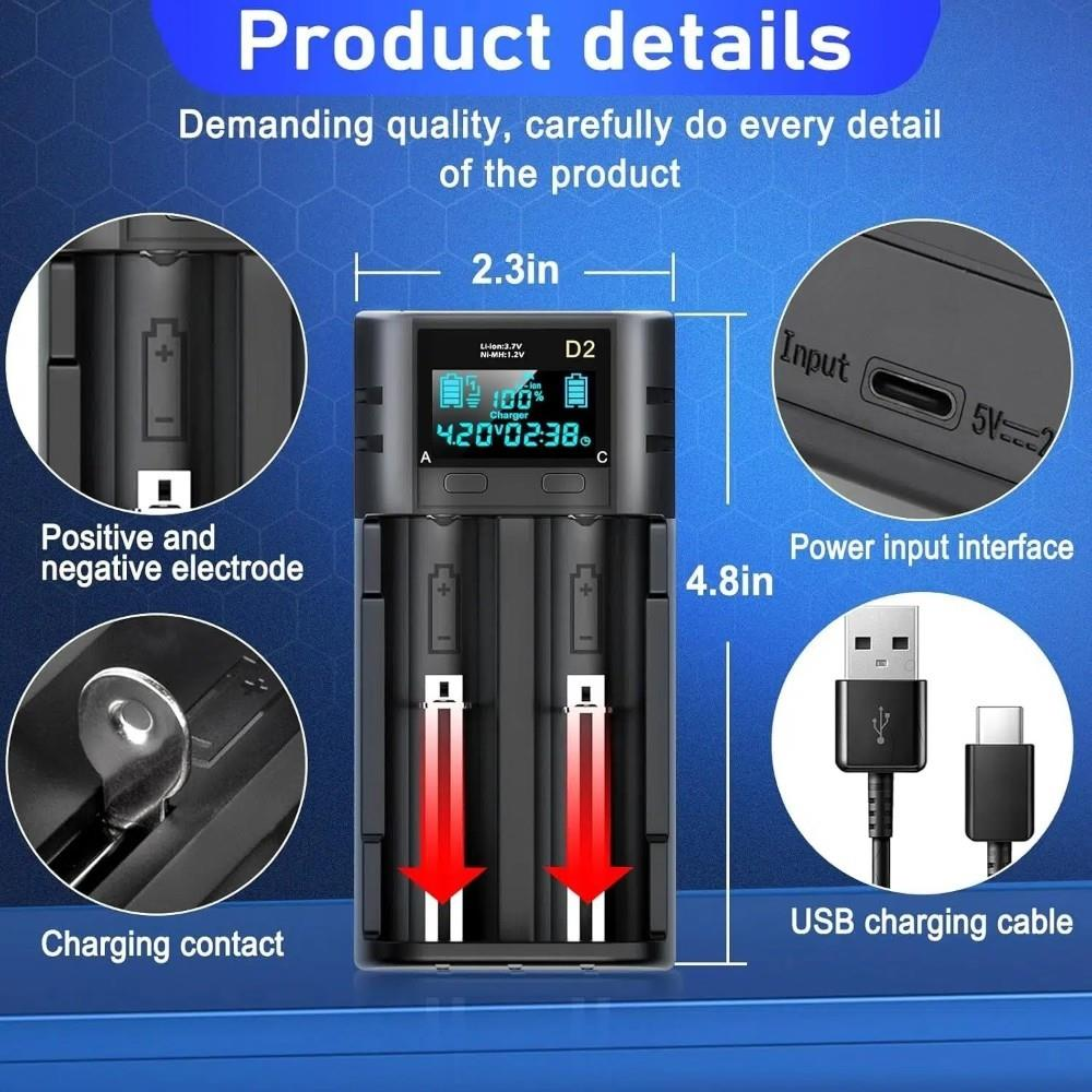 Boyutları, elektrotları, kontakları, girişi ve USB kablosunu gösteren siyah pil şarj cihazı.