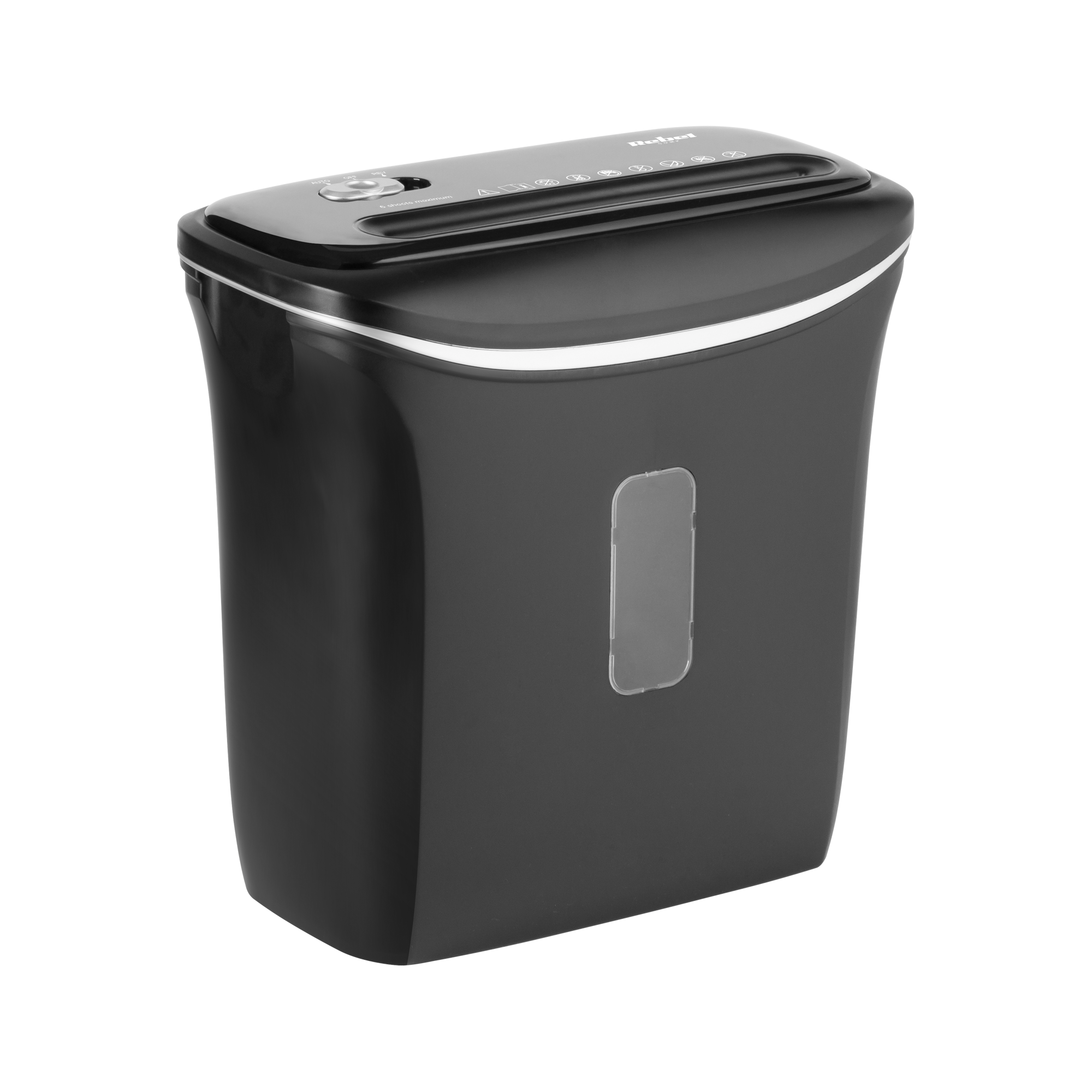 Nowoczesna czarna niszczarka do dokumentów z okienkiem i przyciskami.
