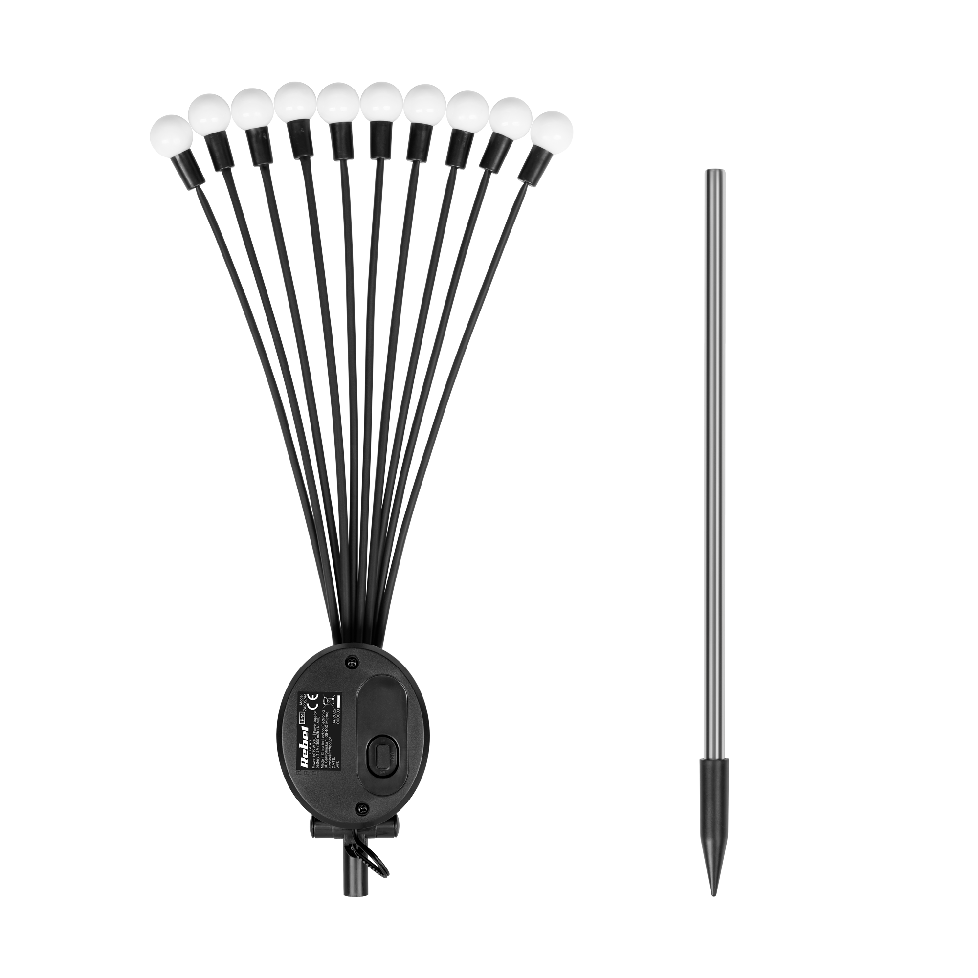 Solarna lampa ogrodowa z dziesięcioma kulistymi lampami LED na długich łodygach i szpikulcem na czarnym tle.