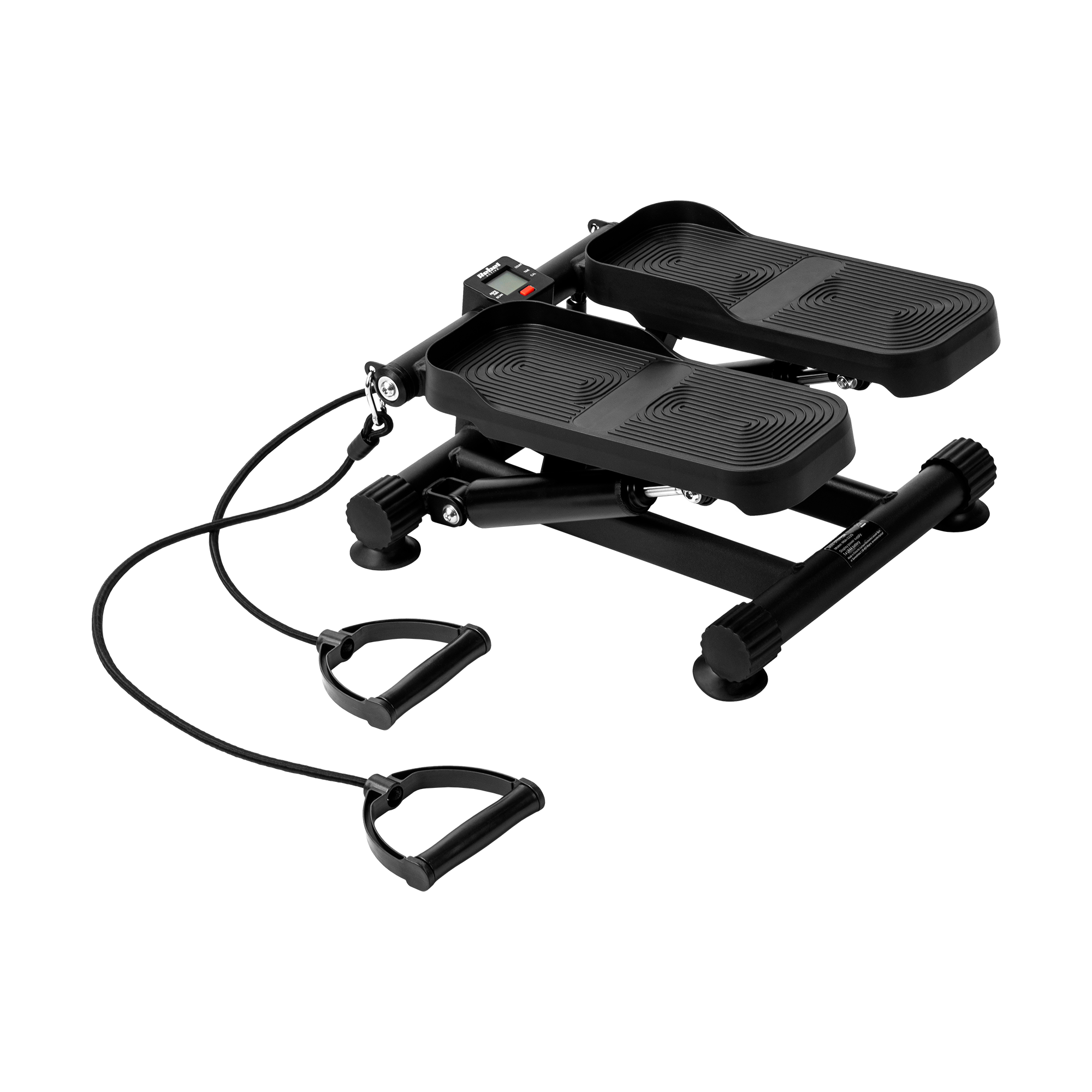 Czarny mini stepper z wyświetlaczem LCD i taśmami oporowymi na czarnym tle.