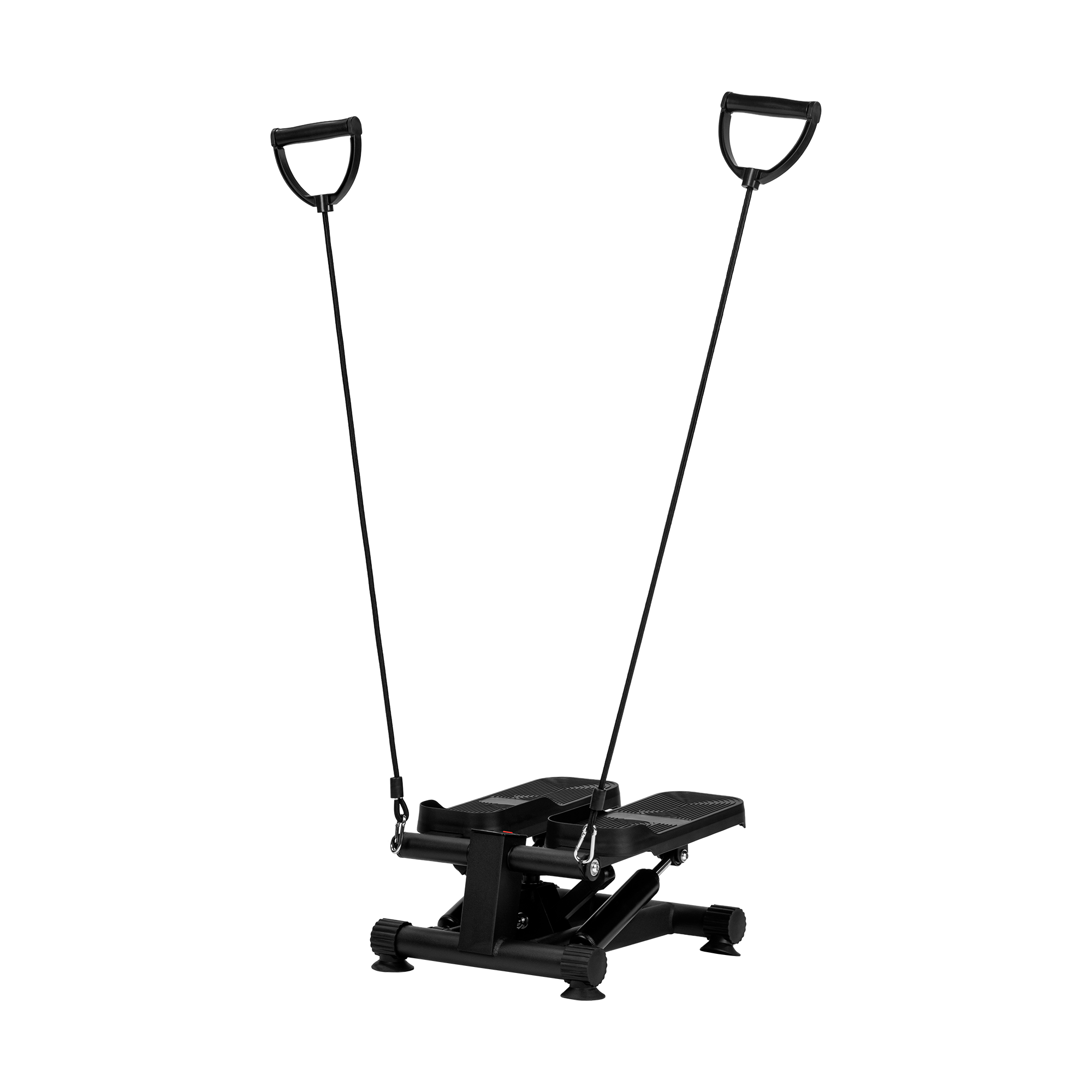 Czarny stepper fitness z taśmami oporowymi i uchwytami na czarnym tle.