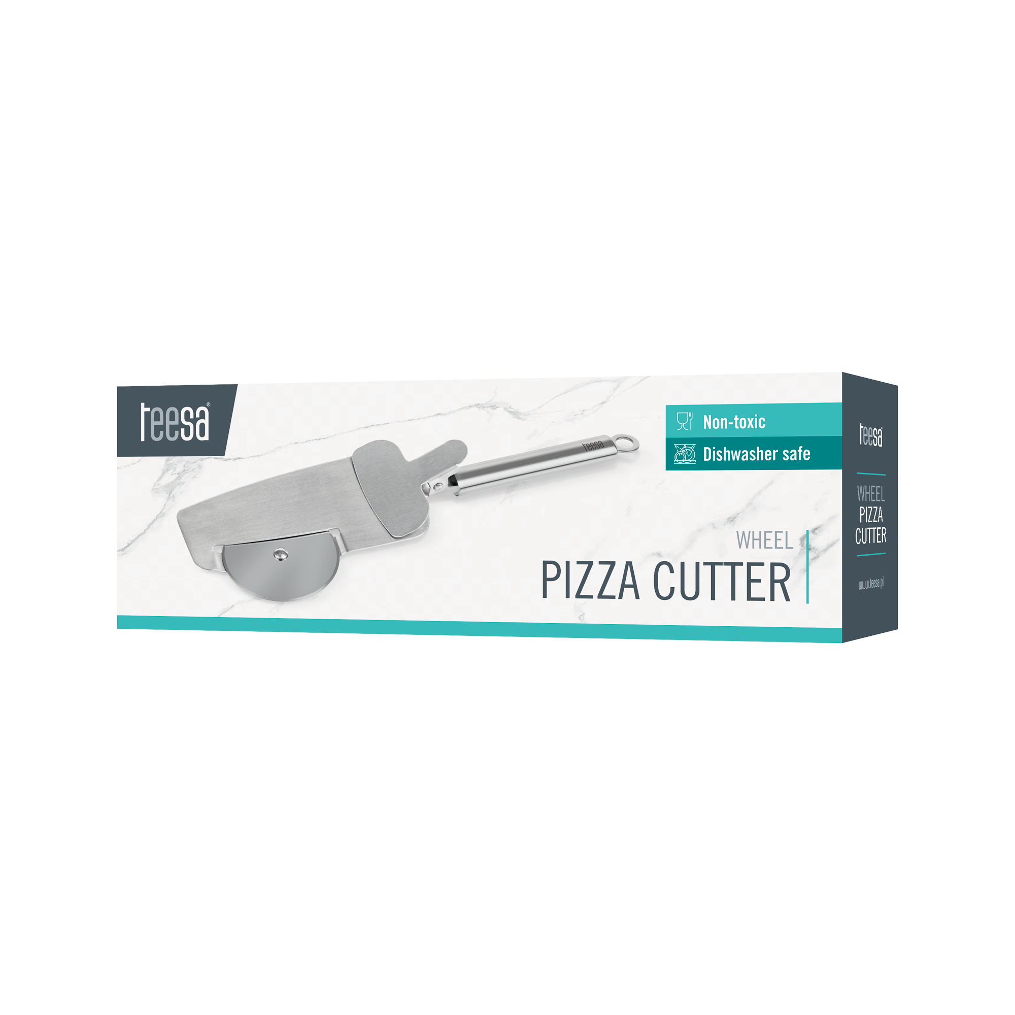 Opakowanie srebrnego noża do pizzy Teesa z łopatką na tle z białego marmuru.