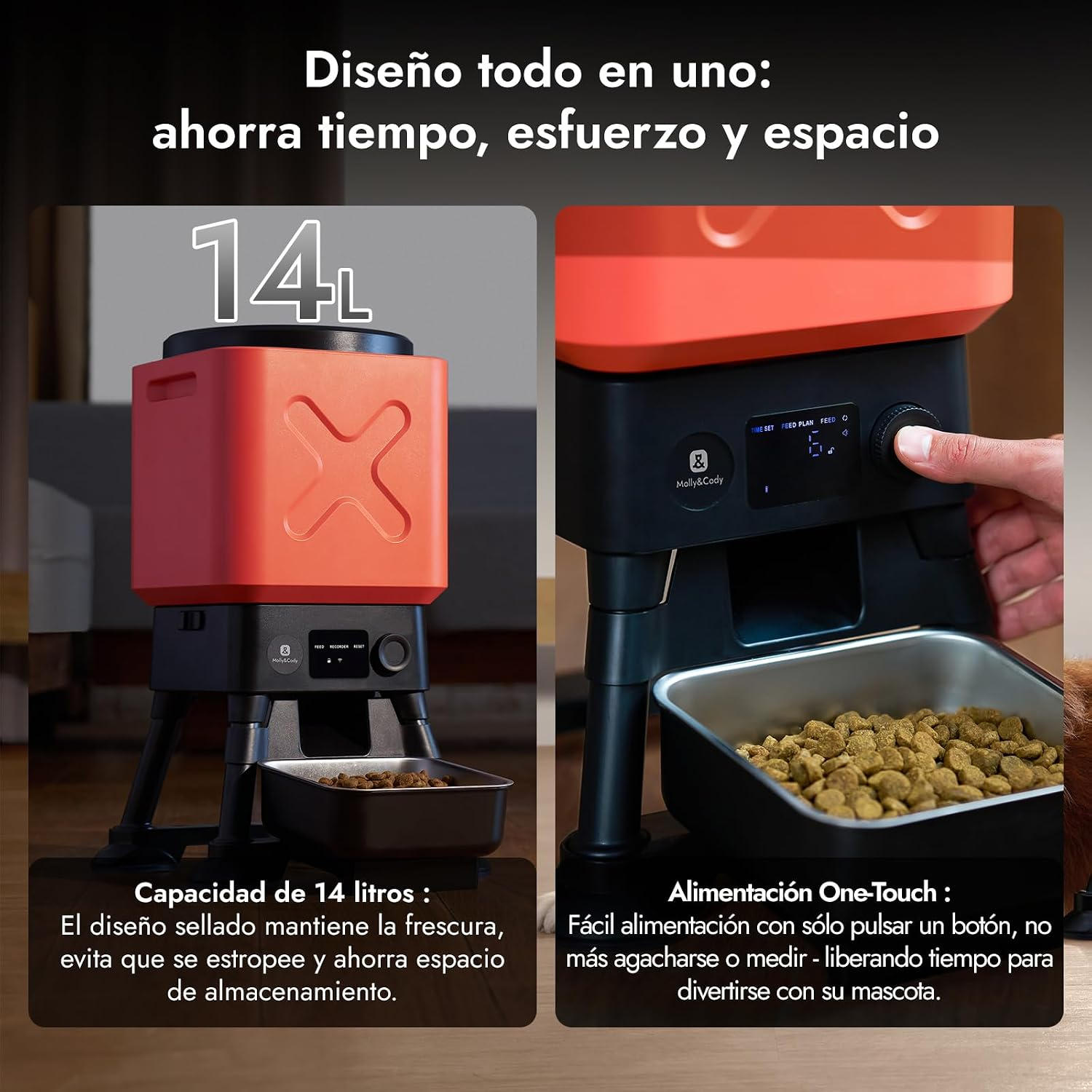 Un comedero automático para mascotas con depósito de 14L y panel de control táctil.