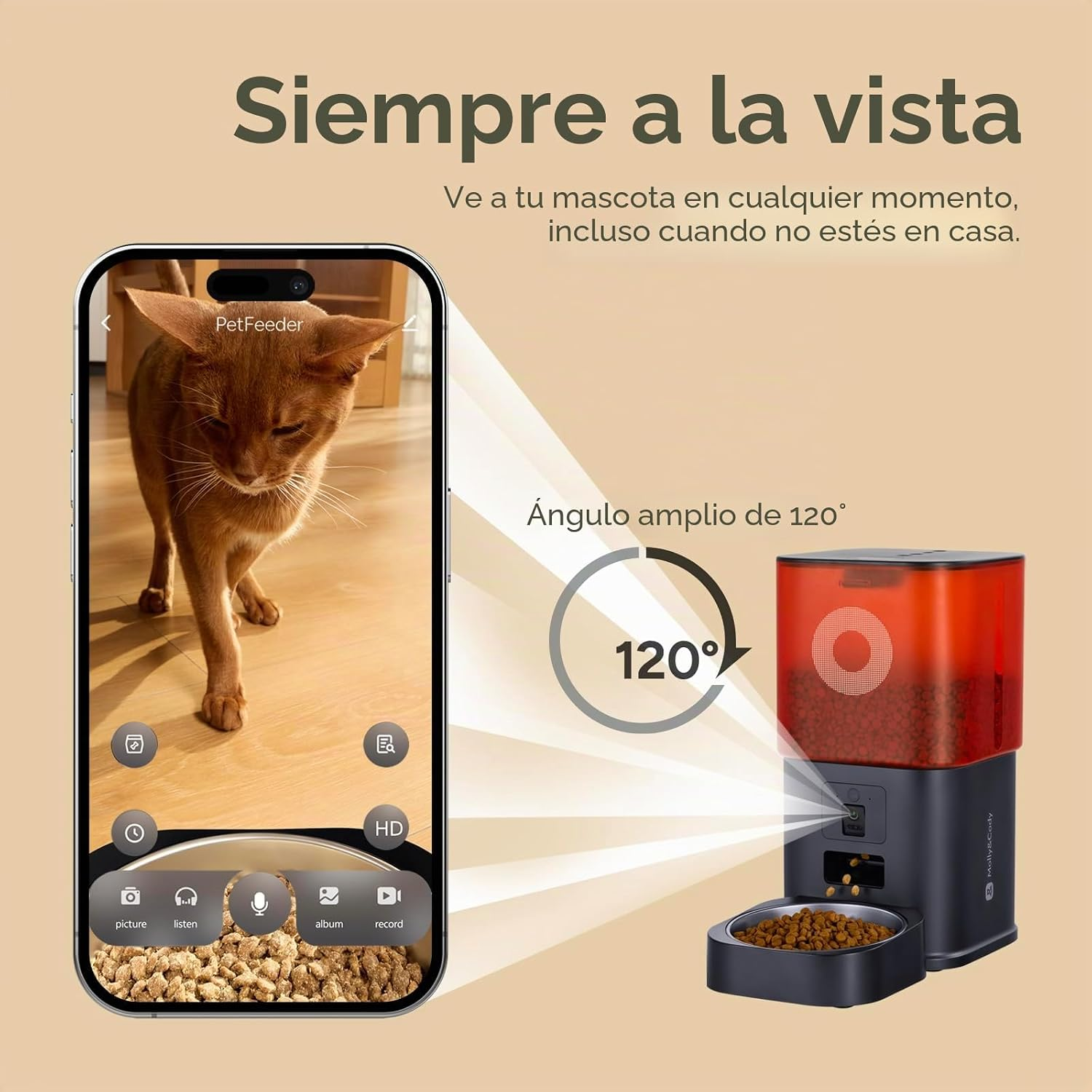 Una aplicación muestra un gato mientras un comedero automático para mascotas con cámara está al lado.