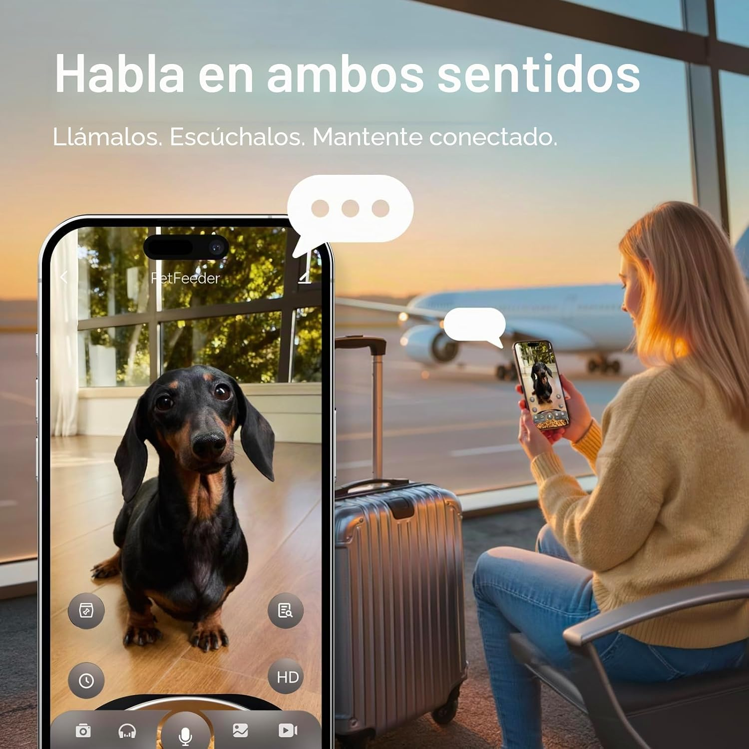 Una mujer en el aeropuerto videollama a su perro en casa con el móvil.
