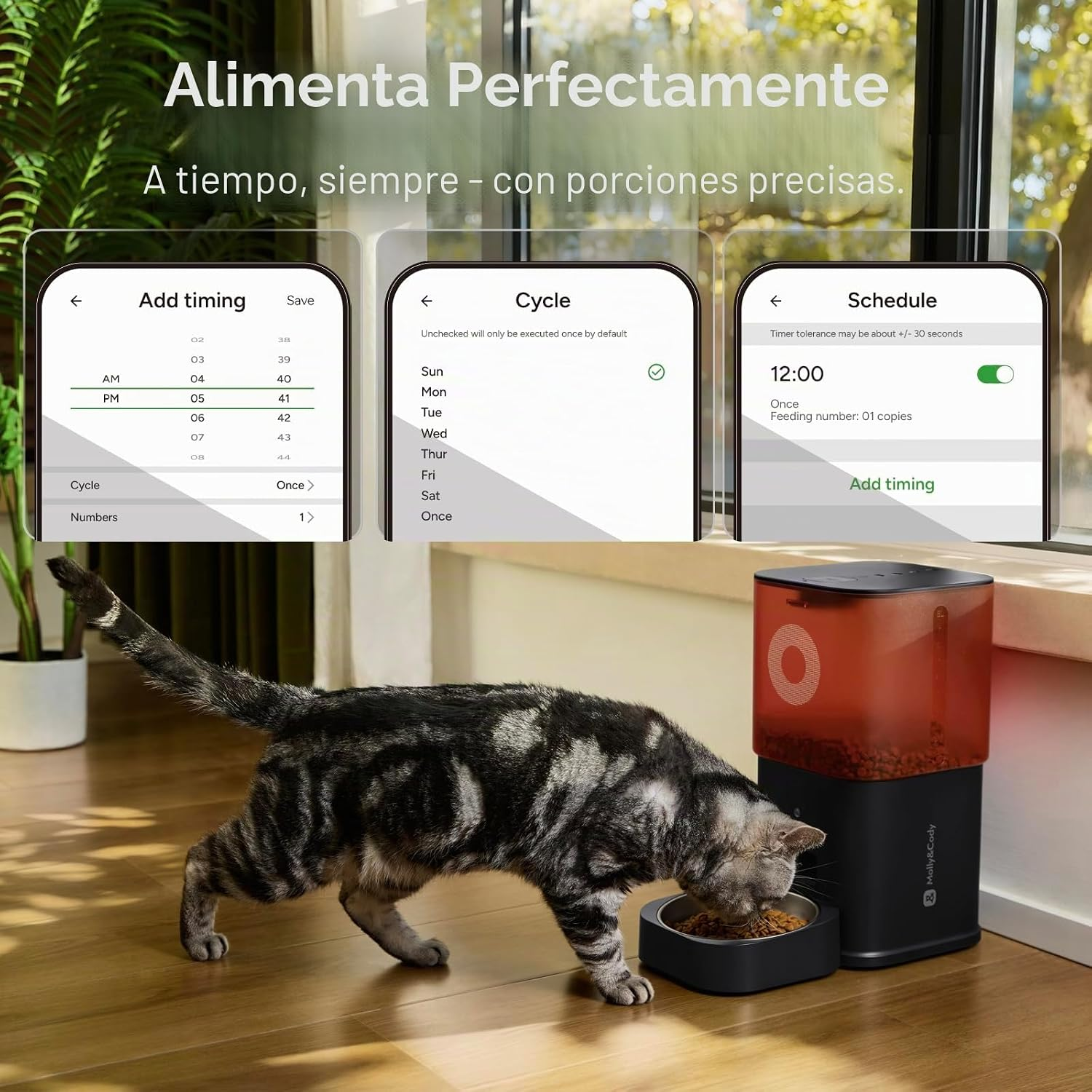 Un gato come de un comedero inteligente, con pantallas de la aplicación que muestran horarios arriba.