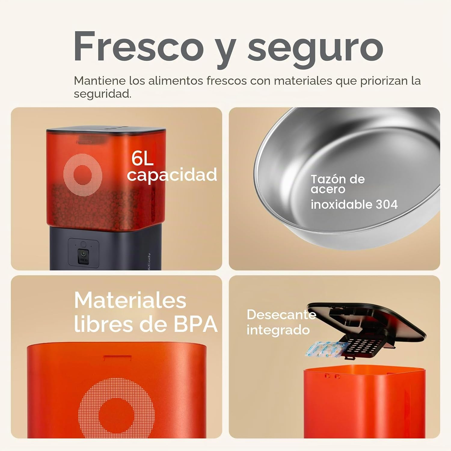 Características de un comedero automático para mascotas de 6L, bol de acero inoxidable, sin BPA.