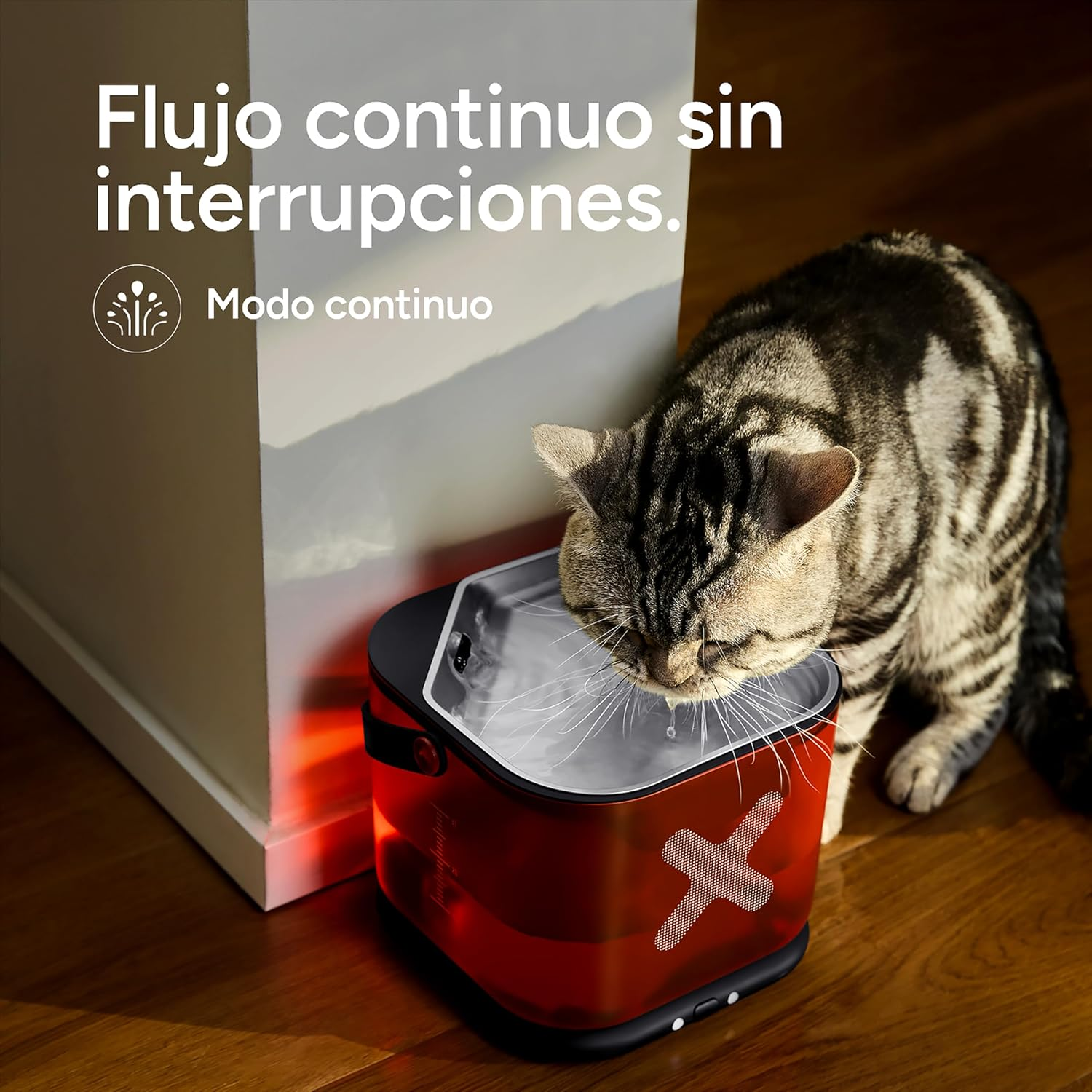 Un gato atigrado bebe de una fuente de agua eléctrica roja y negra.