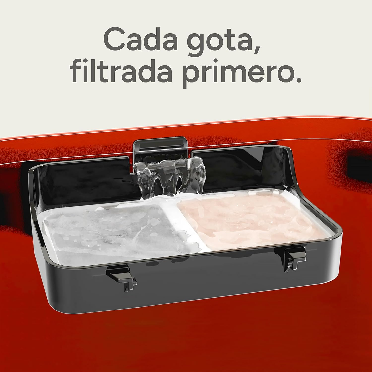 El agua fluye a través de un sistema de filtración negro con dos compartimentos sobre un fondo rojo y texto.