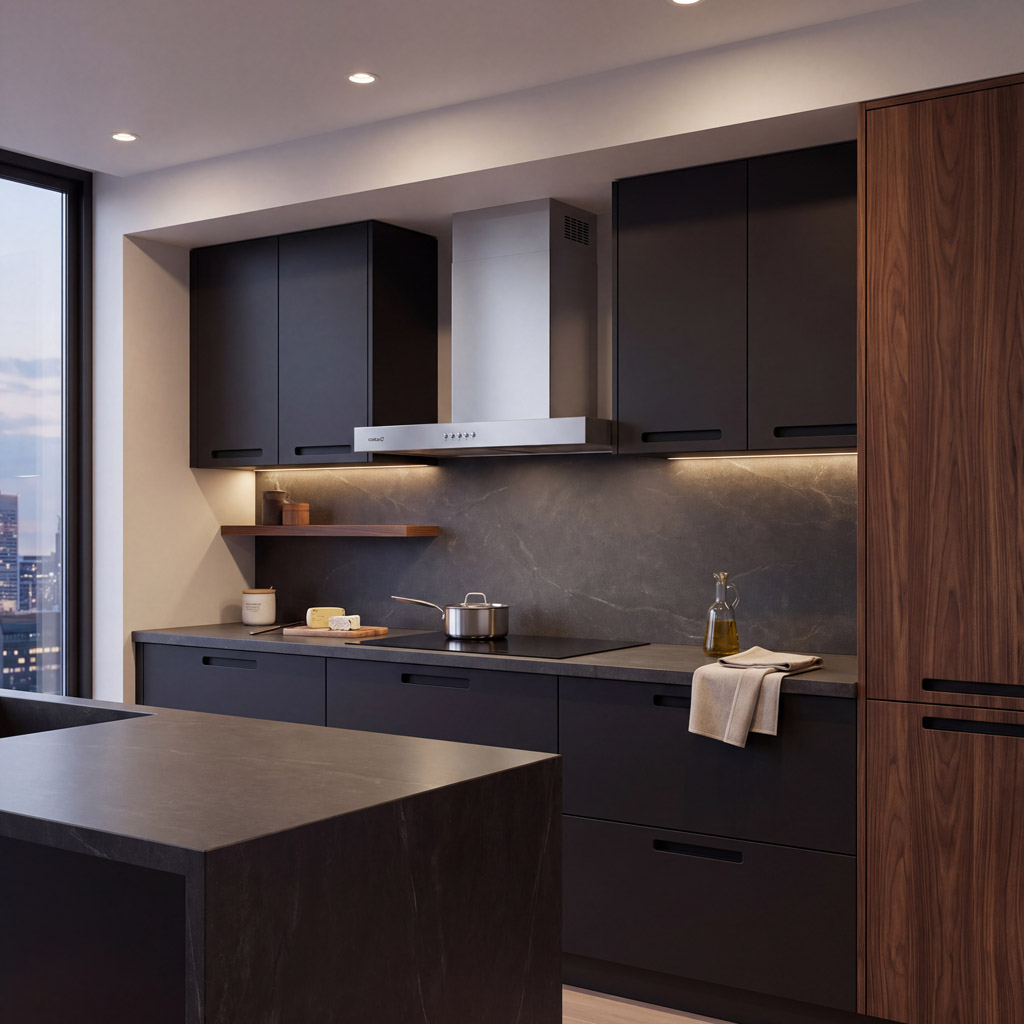 Cocina moderna con armarios oscuros, campana extractora de acero inoxidable y detalles en madera.