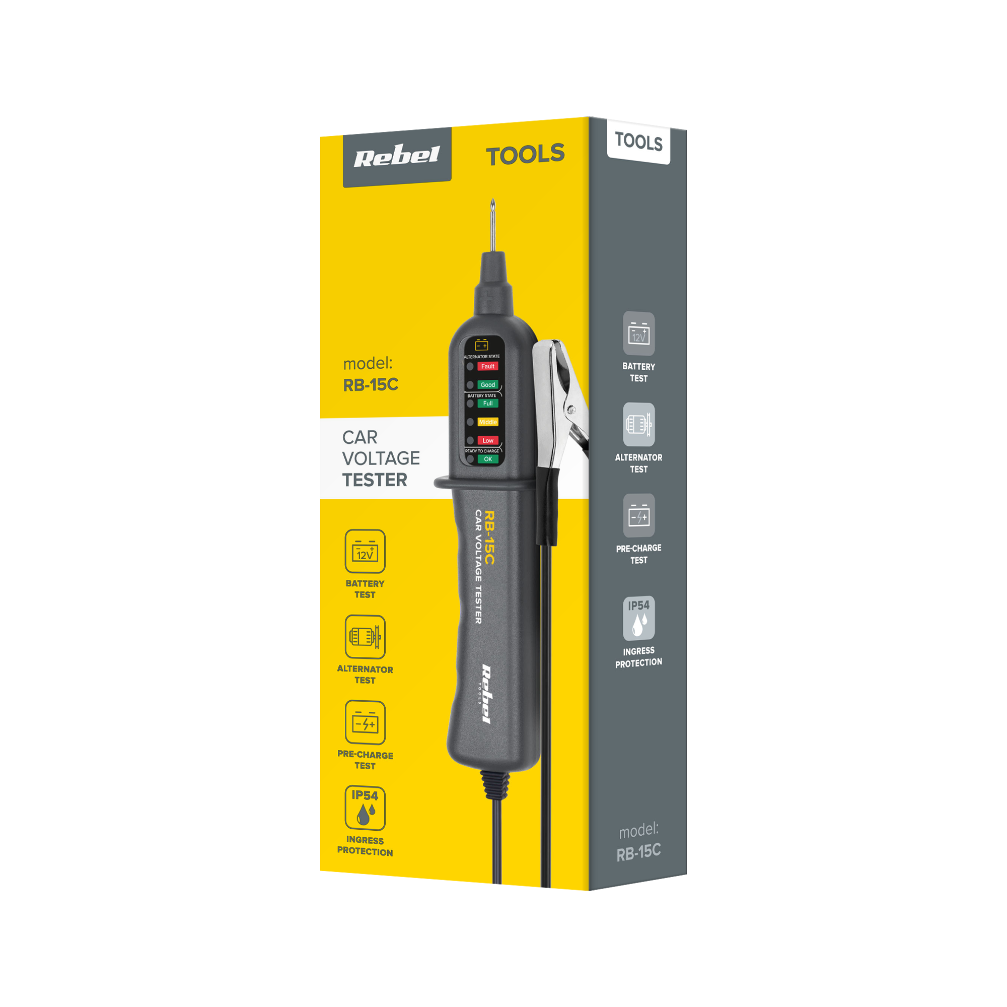 Żółto-szare pudełko testera napięcia samochodowego Rebel Tools RB-15C z ikonami funkcji.