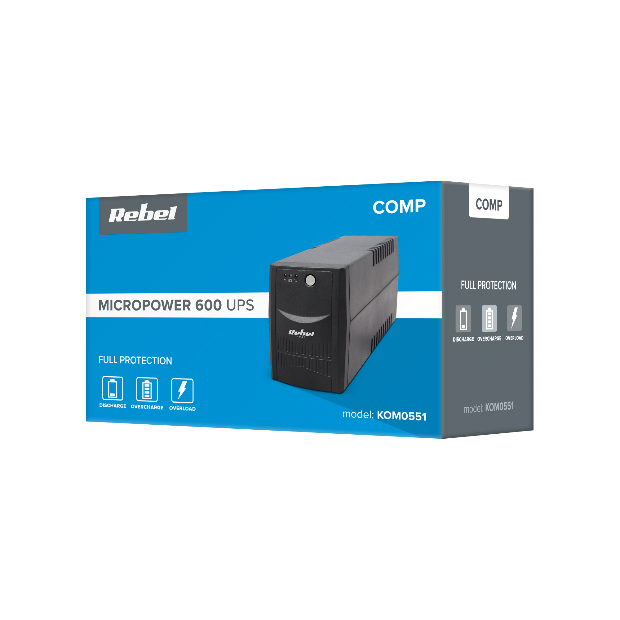 Niebiesko-szare pudełko produktu Rebel Micropower 600 UPS z modelem KOM0551 i ikonami ochrony.