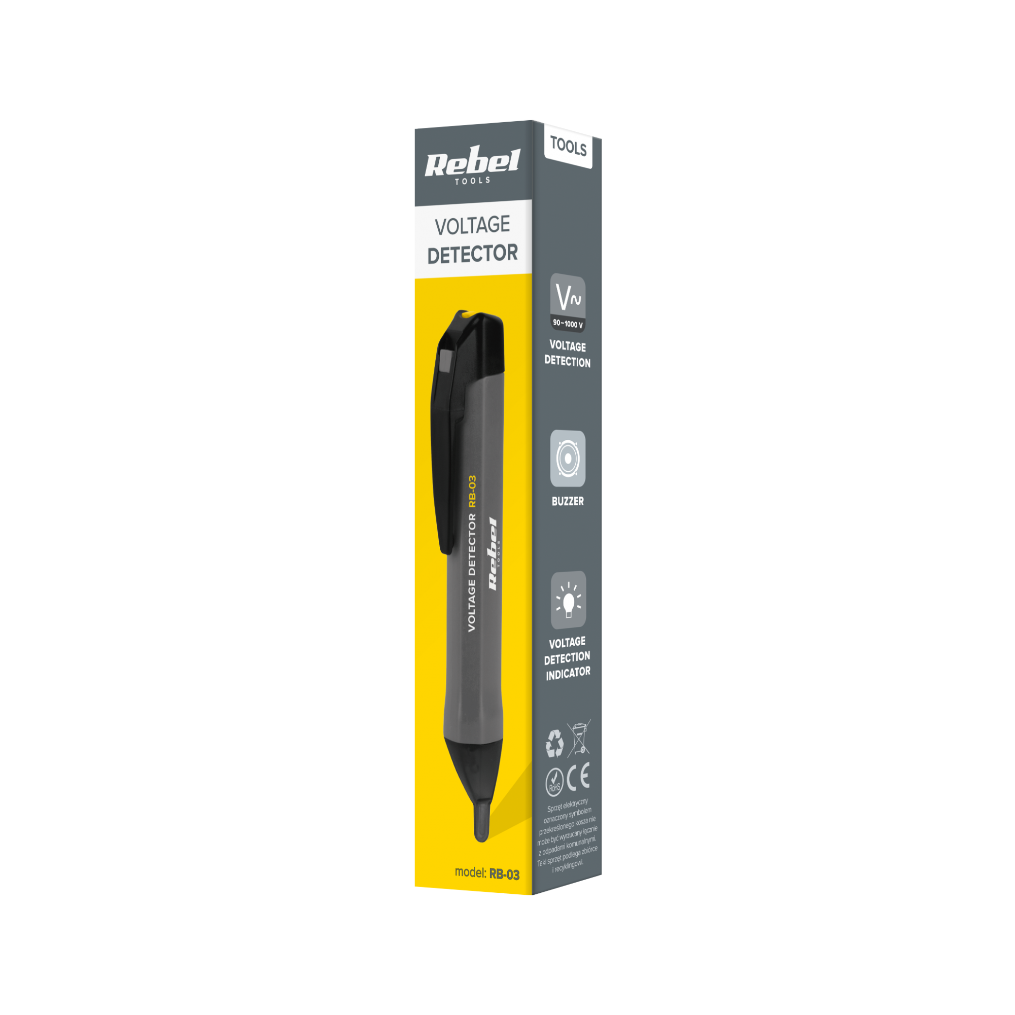 Szary próbnik napięcia Rebel Tools RB-03 w pionowym żółto-czarnym opakowaniu.