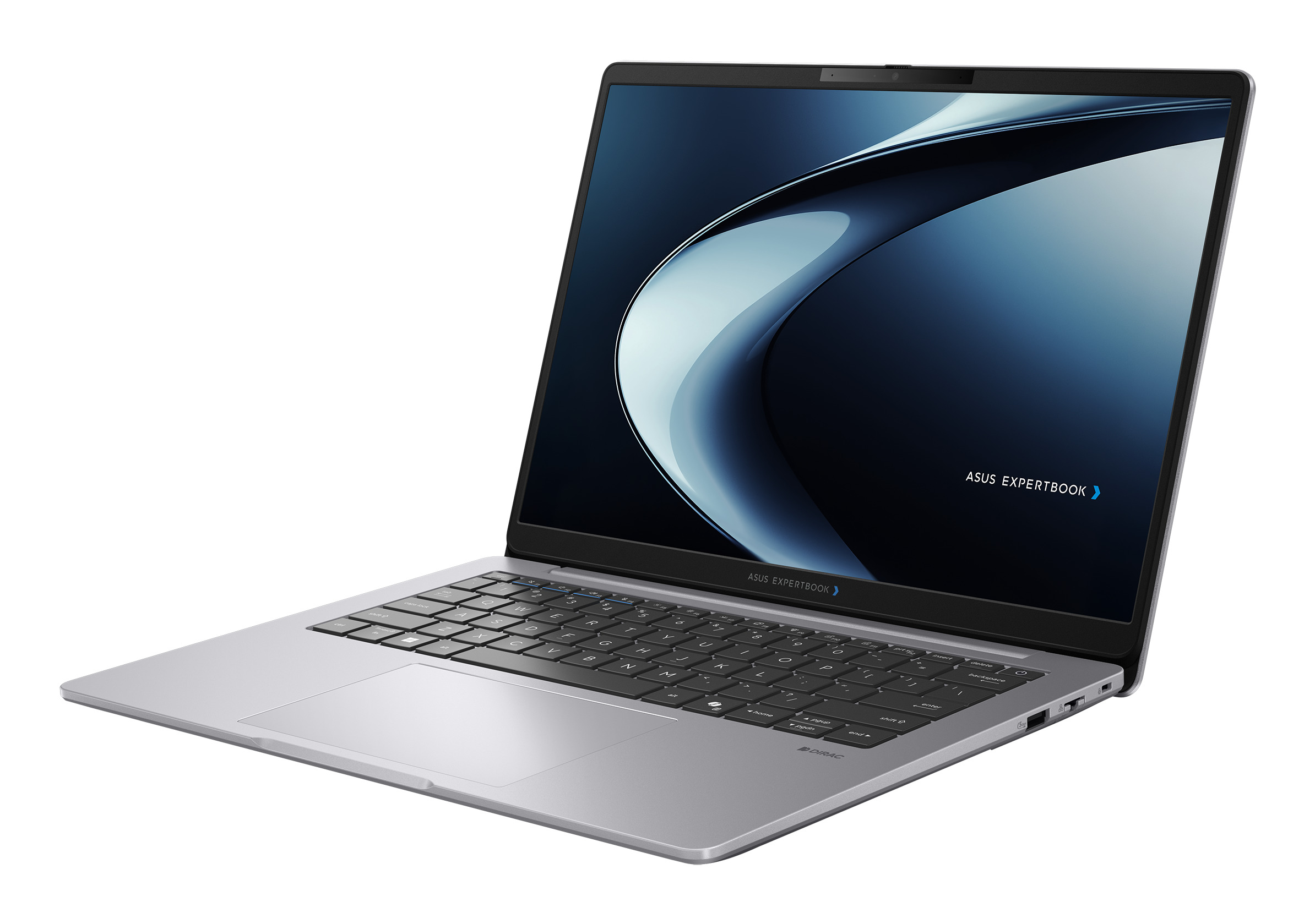 Un computer portatile ASUS ExpertBook argentato con tastiera nera è inclinato.