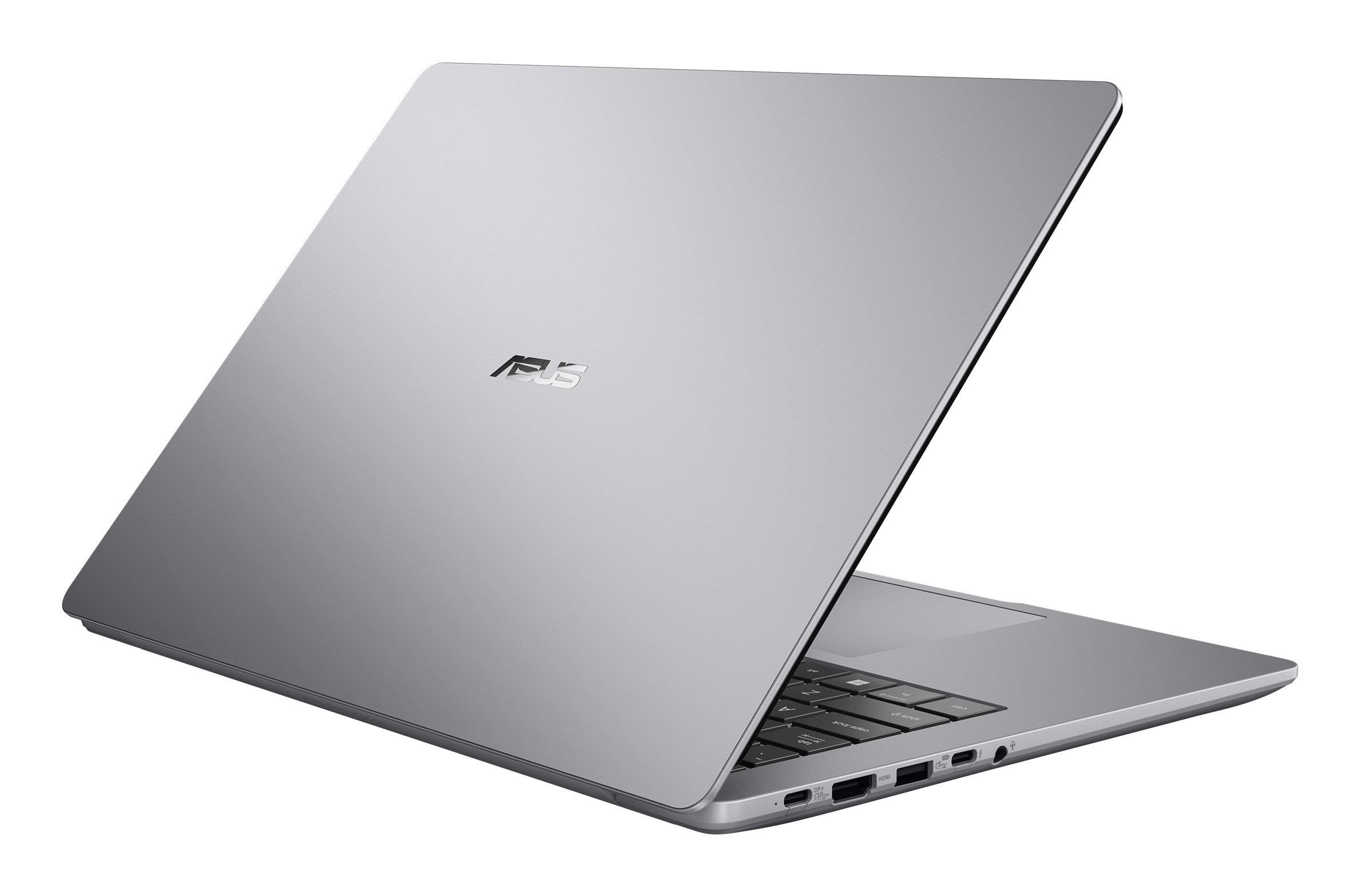 Un computer portatile Asus argentato su una superficie bianca, che mostra la cover posteriore con il logo.