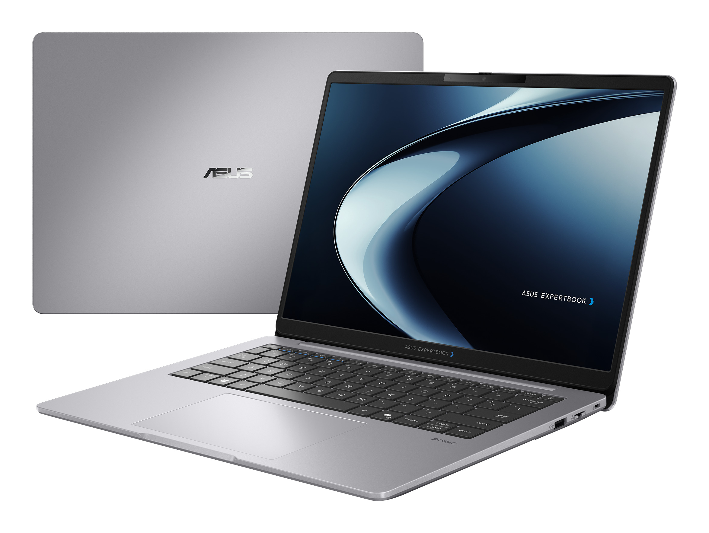 Un portatile Asus ExpertBook argentato aperto con display e tastiera, e un secondo portatile chiuso sullo sfondo.