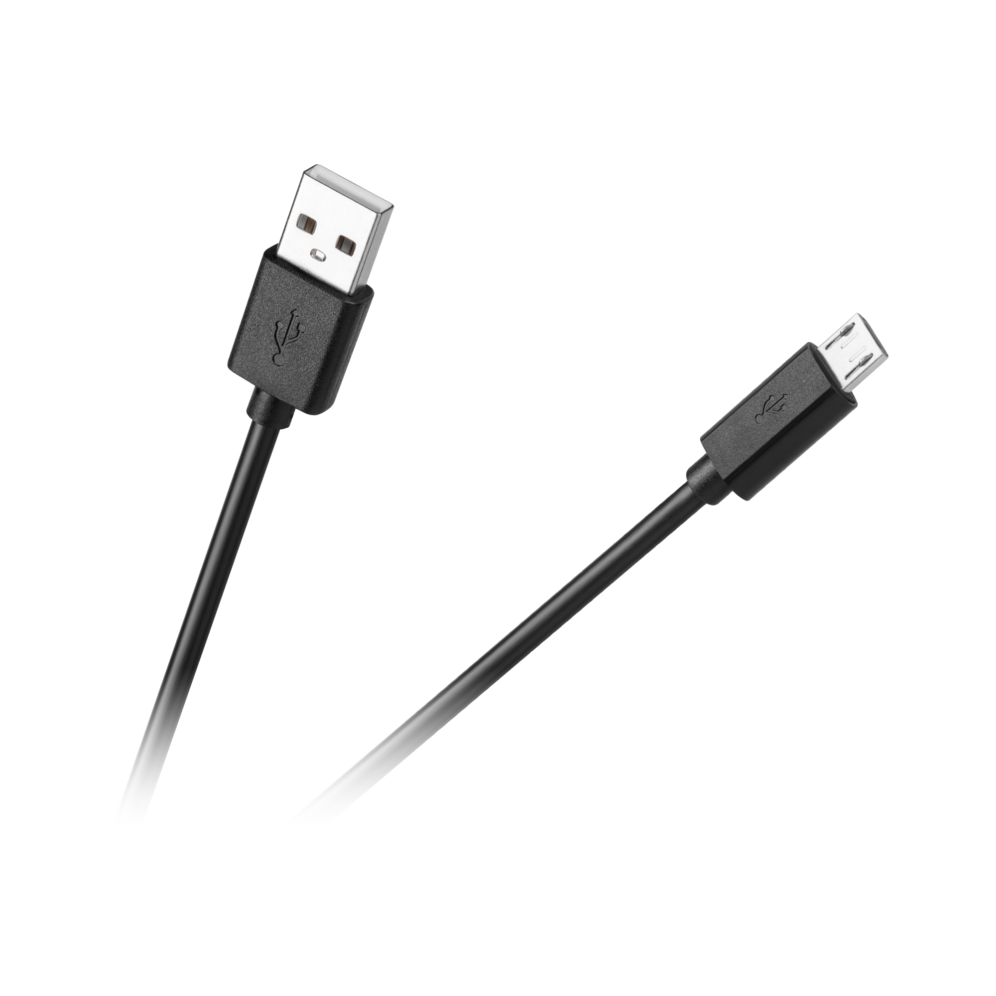 Czarny kabel USB-A i micro-USB na czarnym tle.