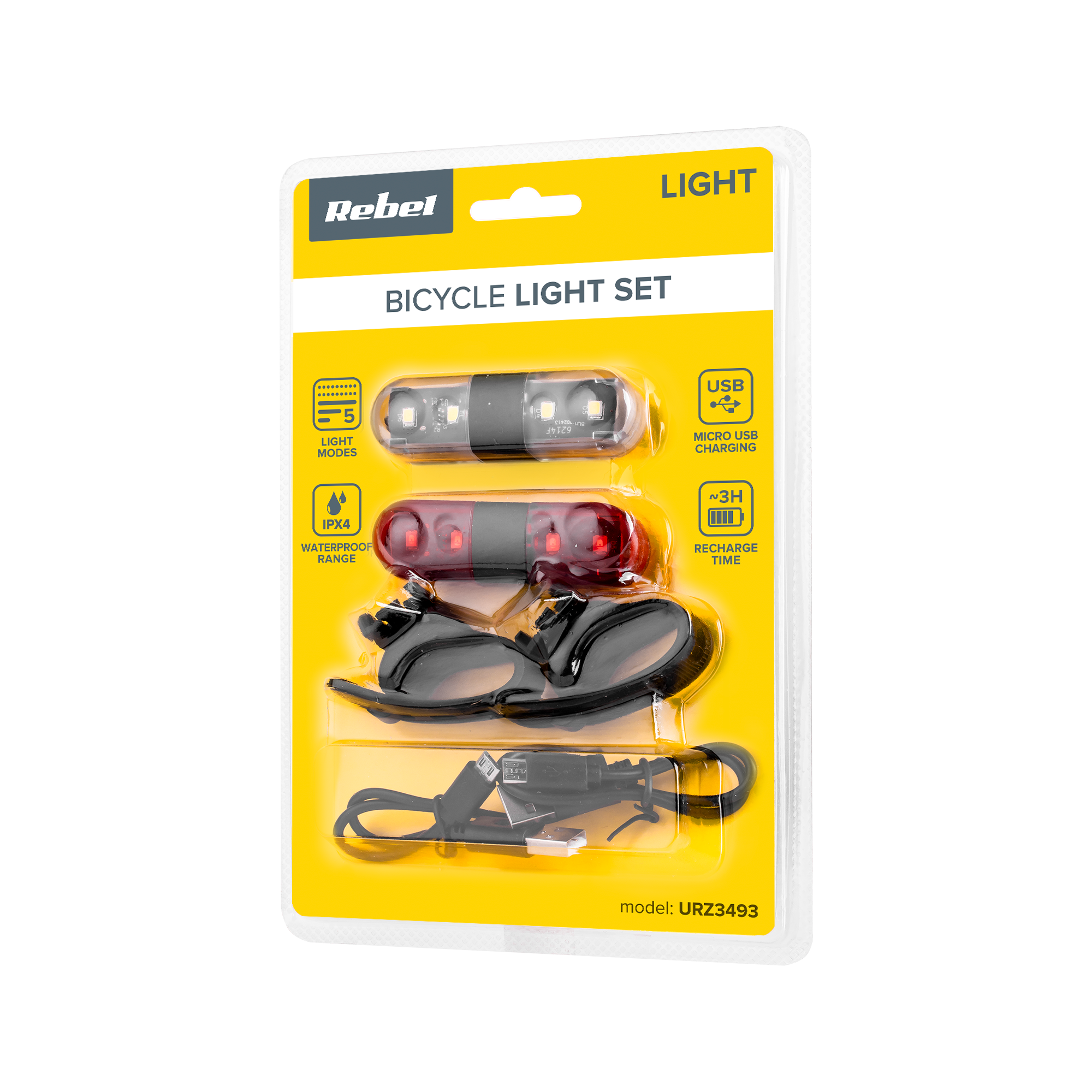 Zestaw oświetlenia rowerowego Rebel w żółtym opakowaniu z lampkami, uchwytami i kablem USB.