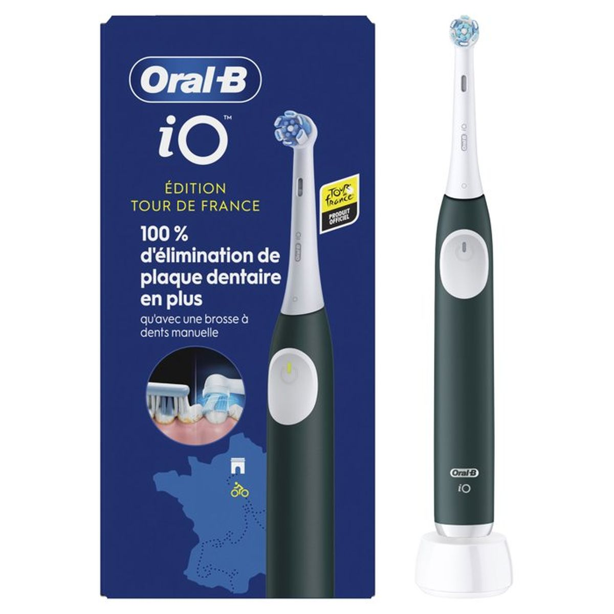 Spazzolino elettrico Oral-B iO Tour de France di colore scuro con base di ricarica bianca e confezione blu.