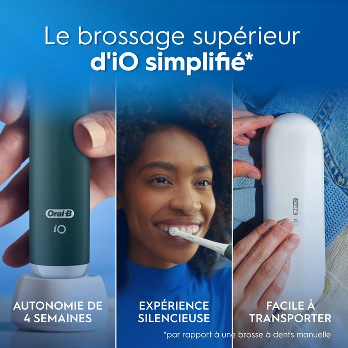Tre pannelli mostrano uno spazzolino Oral-B iO in carica, una donna sorridente che si lava i denti e una custodia.