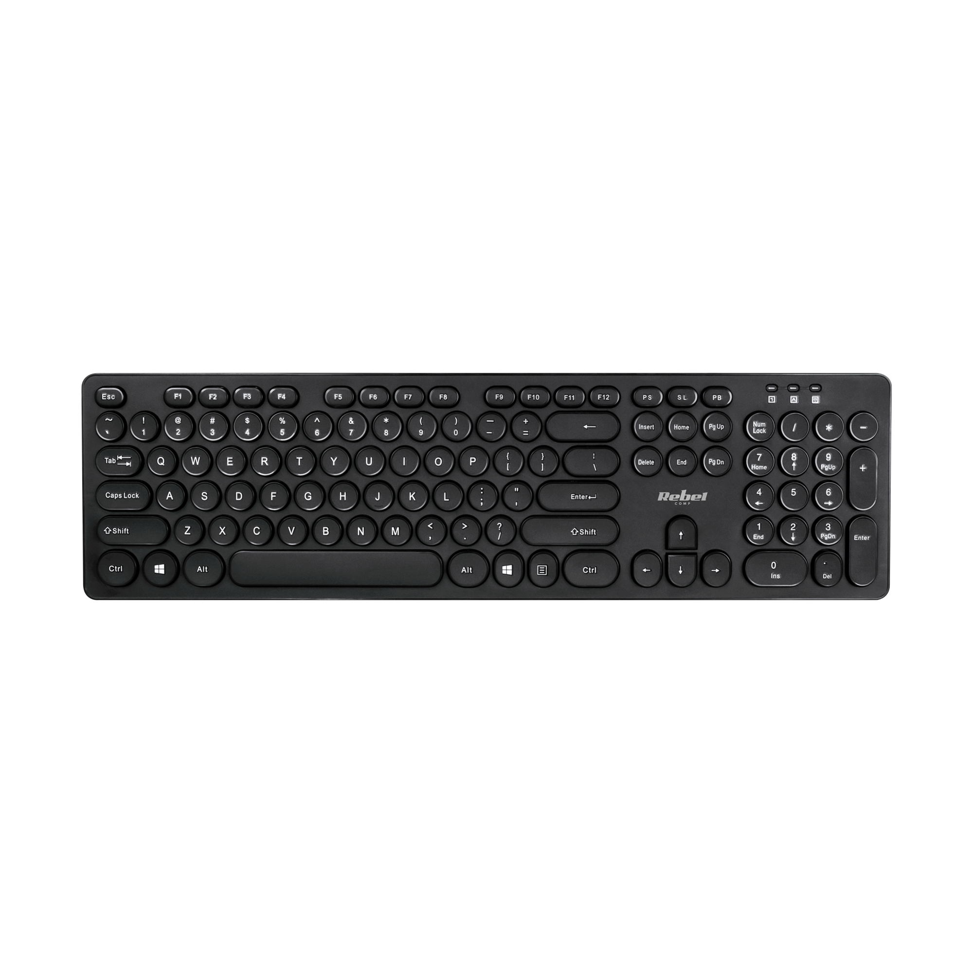 Czarna klawiatura QWERTY z okrągłymi klawiszami i osobną częścią numeryczną na czarnym tle.