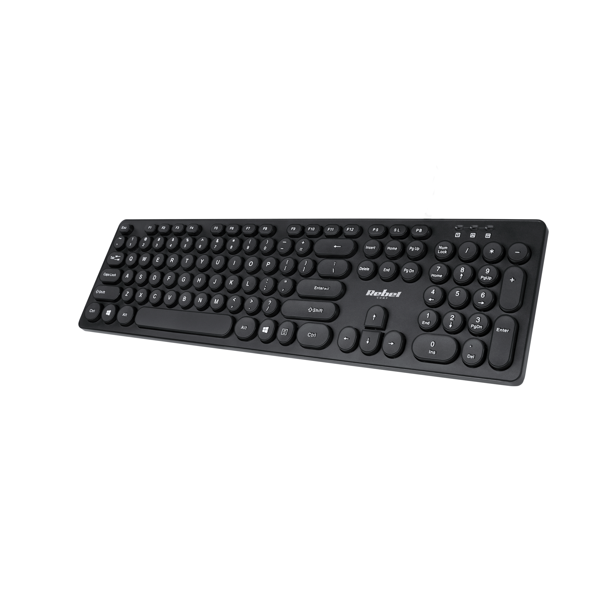 Czarna klawiatura QWERTY z blokiem numerycznym i okrągłymi klawiszami, pod kątem na czarnym tle.